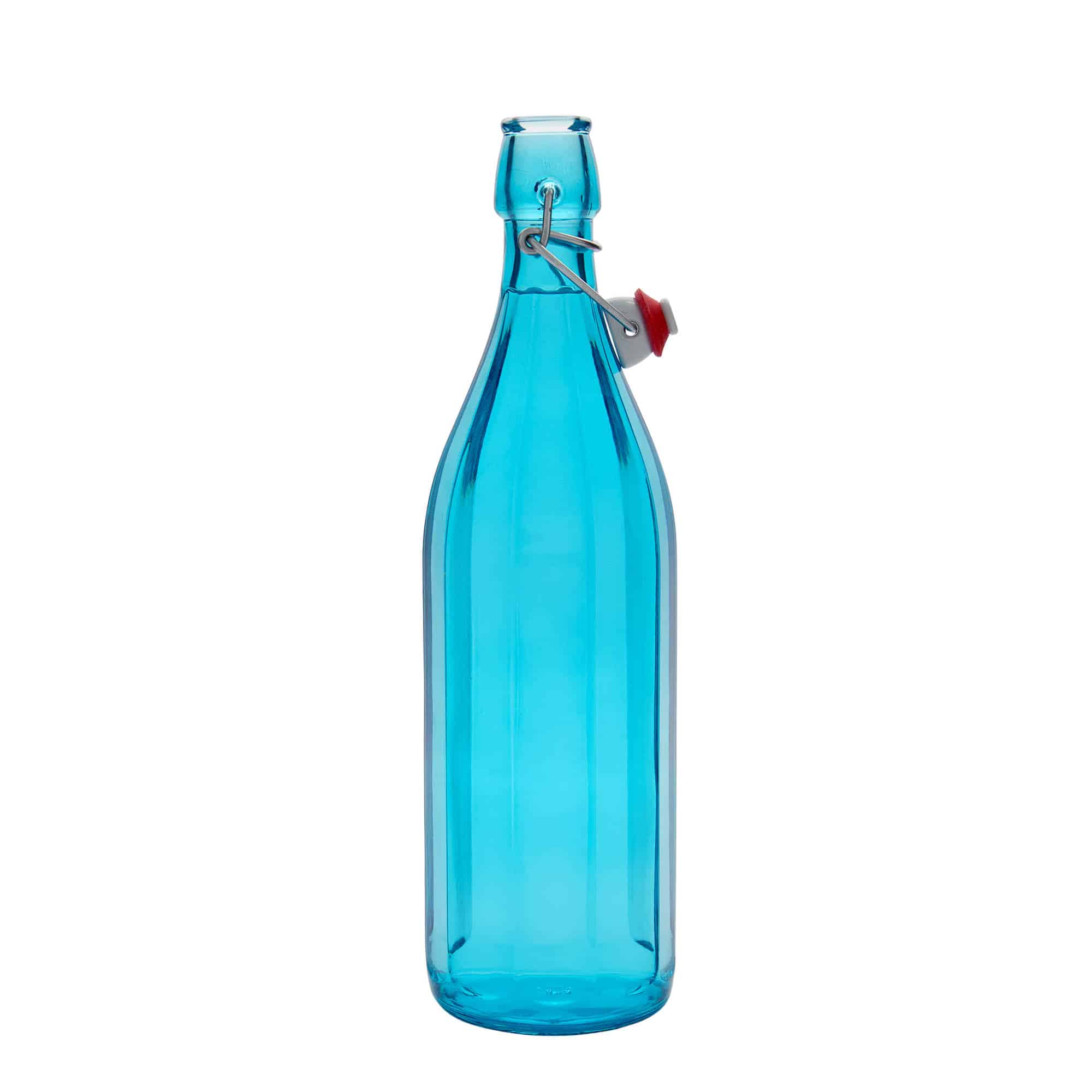 1000 ml lasipullo 'Oxford', kymmenkulmainen, azurinsininen, suu: patenttikorkki