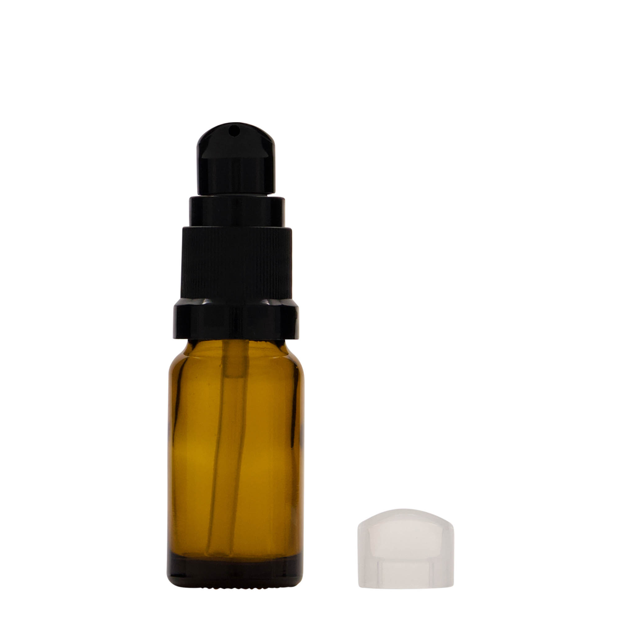 10 ml lääkepullo hoitonestepumpulla, lasia, ruskea, suuaukko: DIN 18 10 ml lääkepullo hoitonestepumpulla, lasia, ruskea, suuaukko: DIN 18