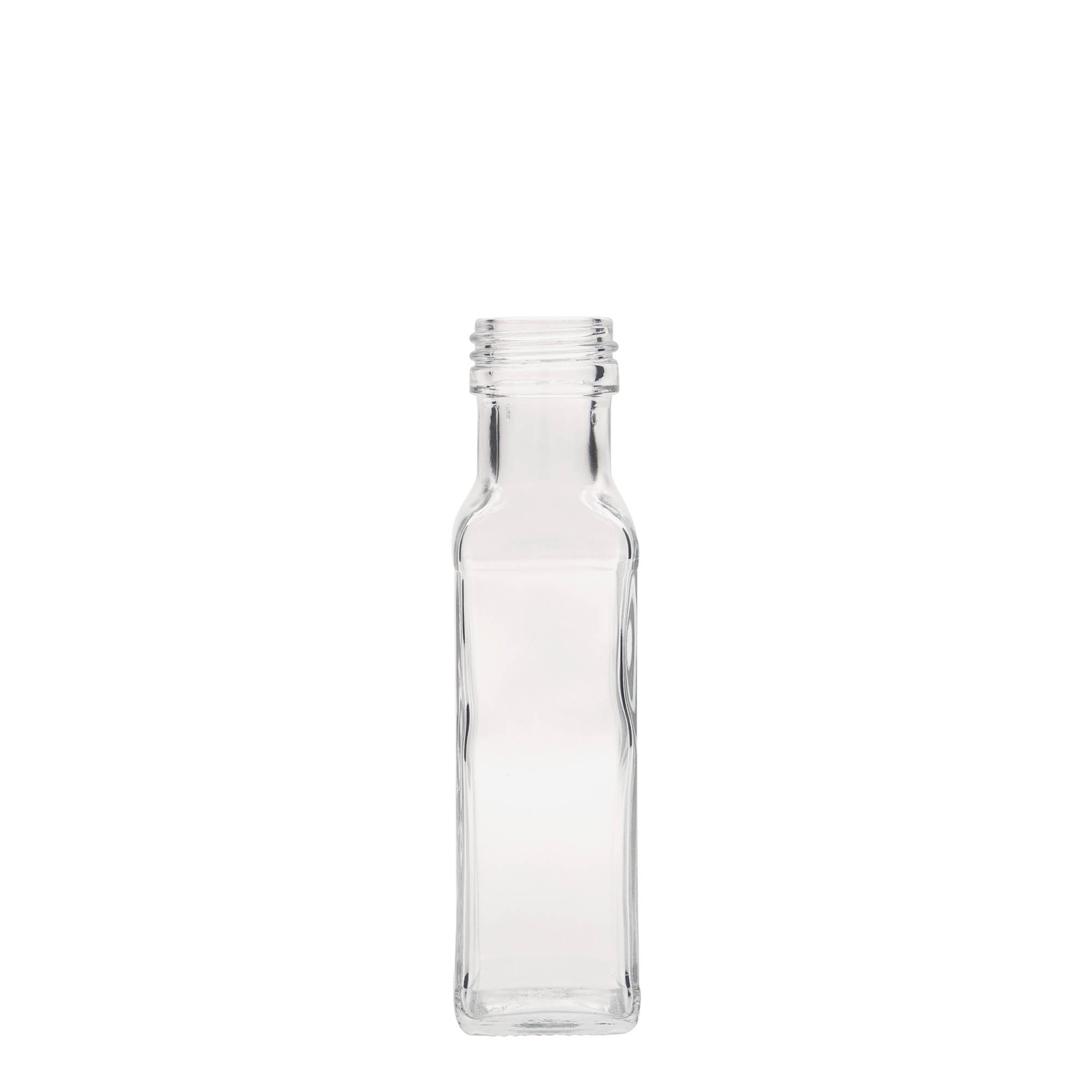 100 ml lasipullo ”Marasca”, neliömäinen, suuaukko: PP 31,5