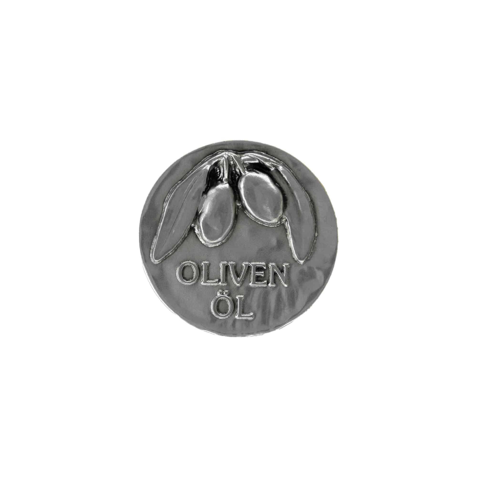 Tinaetiketti 'Oliiviöljy', metalli, hopea Tinaetiketti 'Oliiviöljy', metalli, hopea