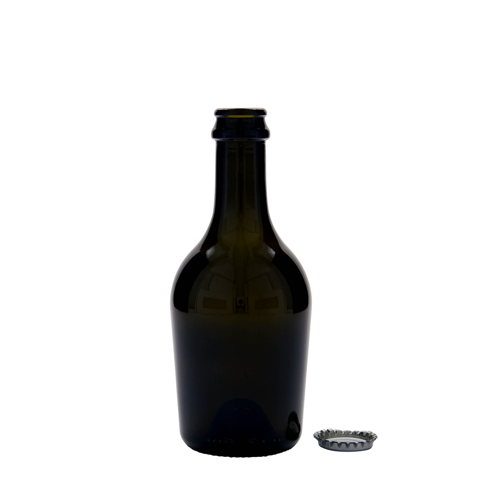 330 ml olut-/kuohuviinipullo 'Butterfly', lasia, antiikkivihreä, suuaukko: kruunukorkki