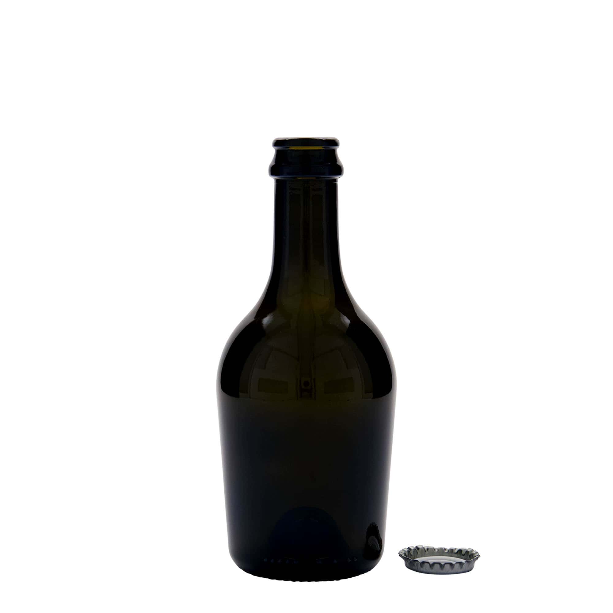 330 ml olut-/kuohuviinipullo 'Butterfly', lasia, antiikkivihreä, suuaukko: kruunukorkki