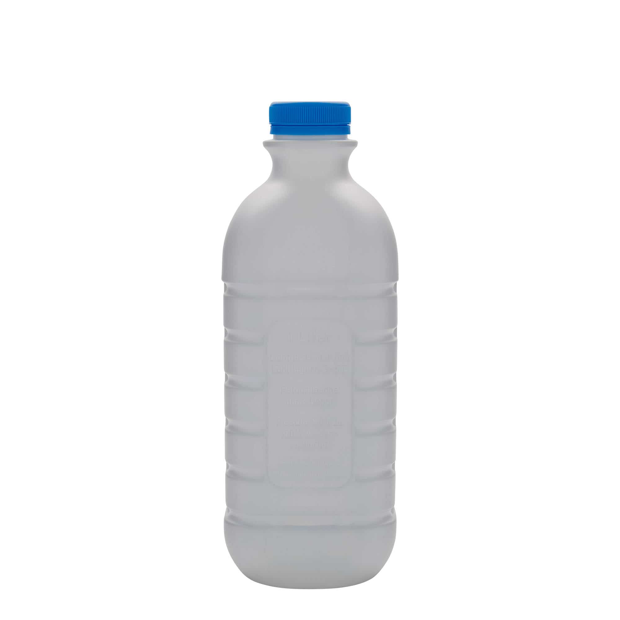 1000 ml maitopullo, nelikulma, HDPE-muovi, valk., suu: PEHD40