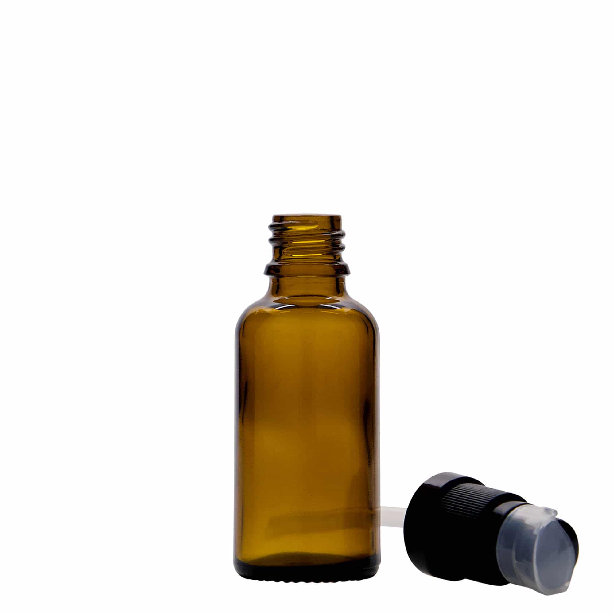 30 ml lääkepullo, jossa voidepumppu, lasia, ruskea, suuaukko: DIN 18