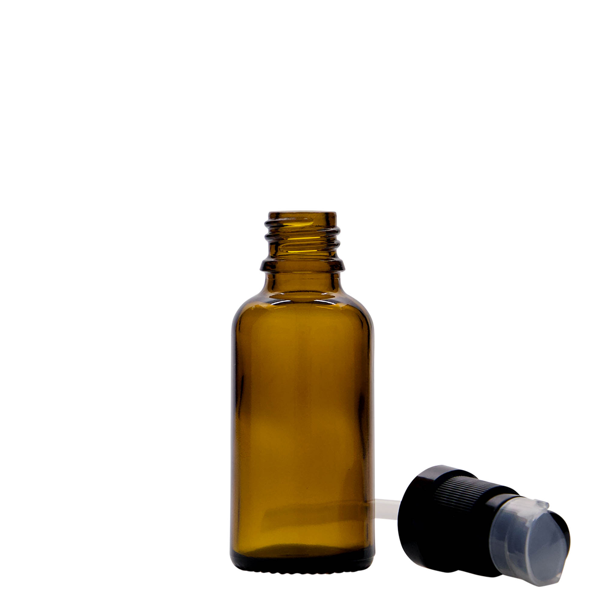 30 ml lääkepullo, jossa voidepumppu, lasia, ruskea, suuaukko: DIN 18 30 ml lääkepullo, jossa voidepumppu, lasia, ruskea, suuaukko: DIN 18