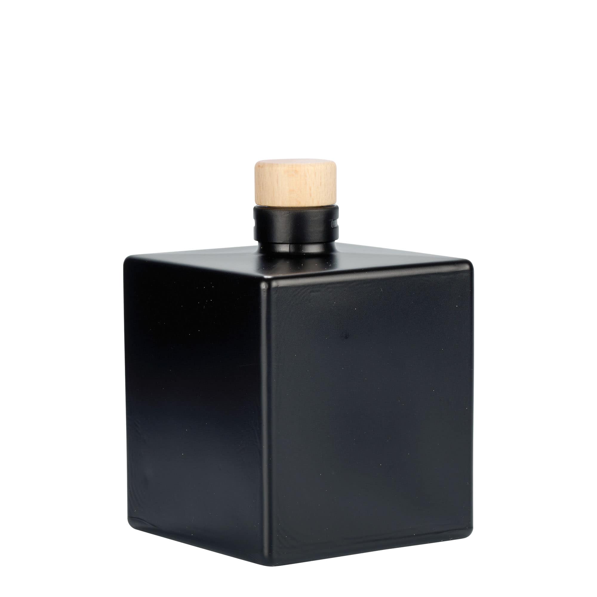 500 ml lasipullo 'Cube', neliö, musta, suu: korkki