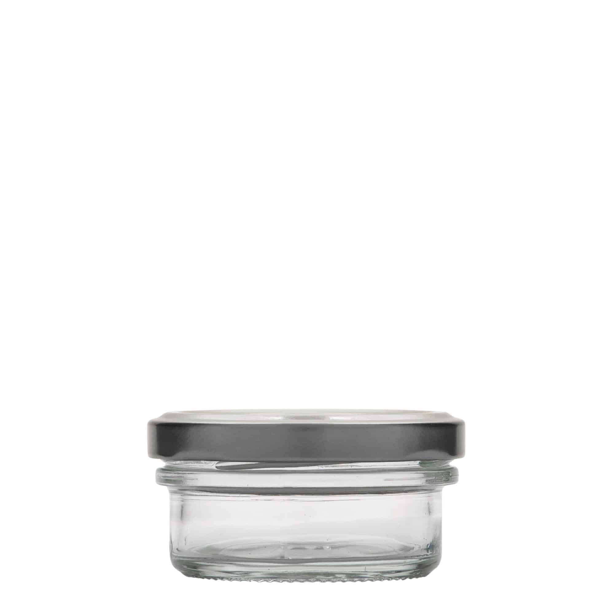 65 ml litteä sylinterimäinen lasipurkki, suu: Twist-Off (TO 66)