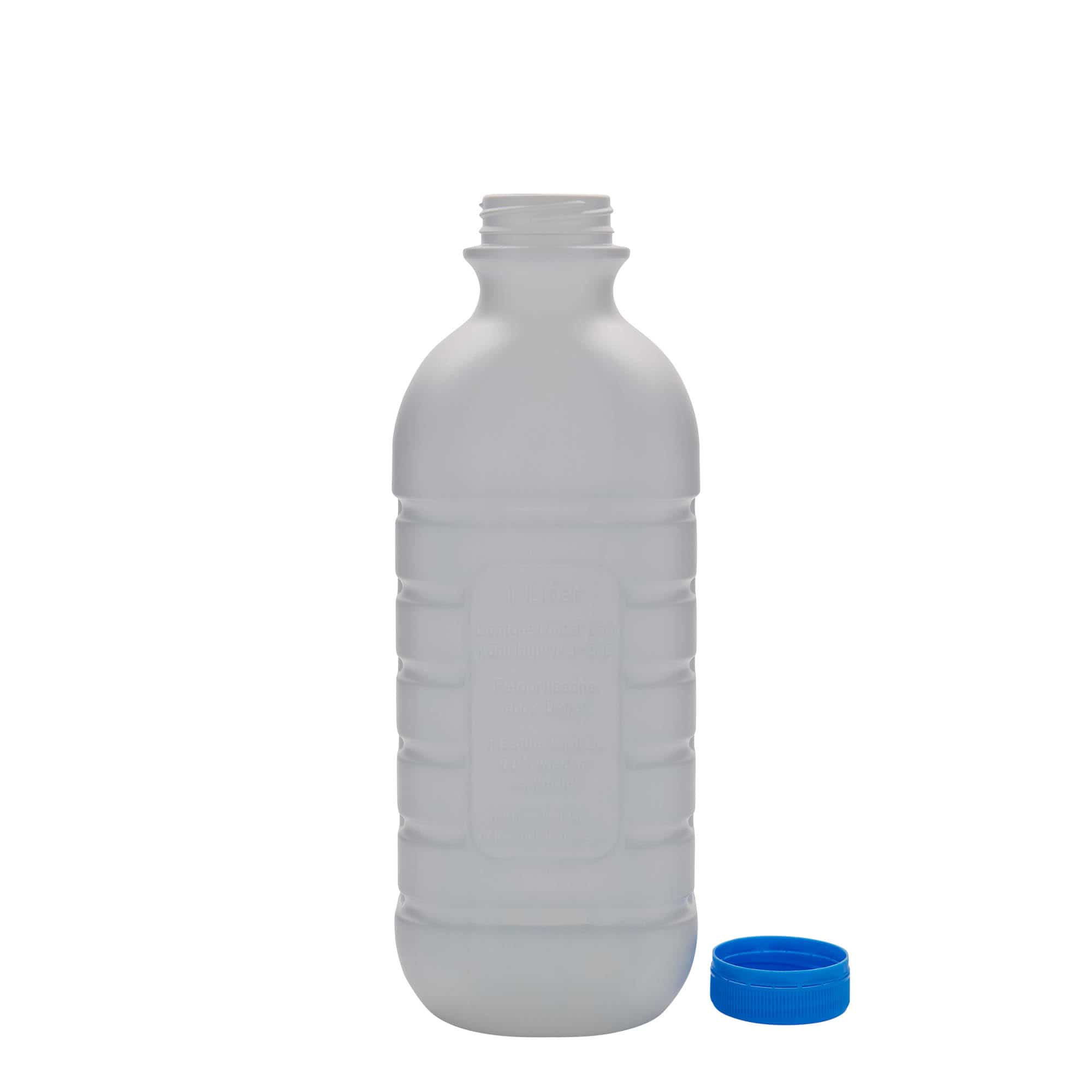 1000 ml maitopullo, nelikulma, HDPE-muovi, valk., suu: PEHD40