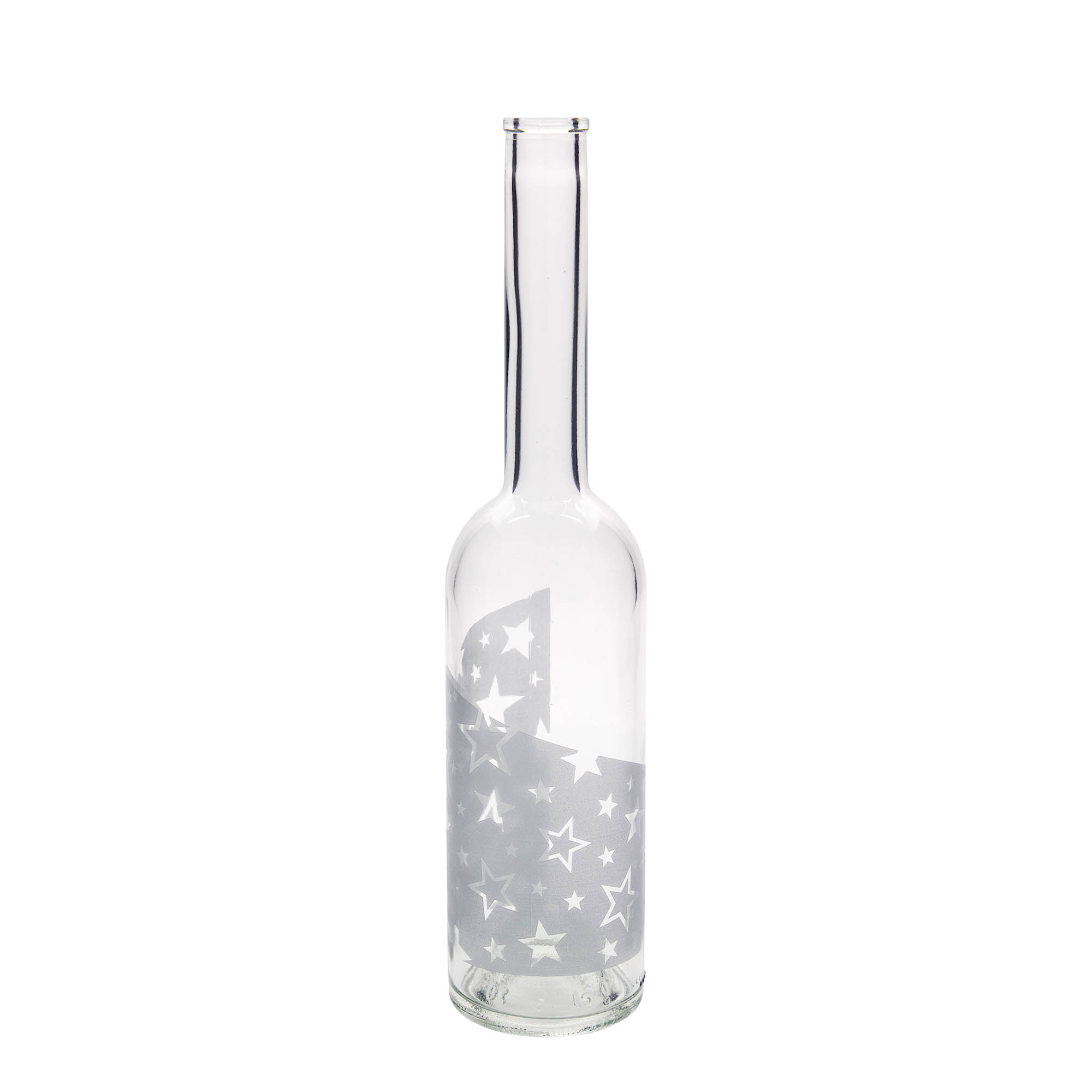 500 ml lasipullo 'Opera', kuvio: hopeatähdet, suuaukko: korkki 500 ml lasipullo 'Opera', kuvio: hopeatähdet, suuaukko: korkki