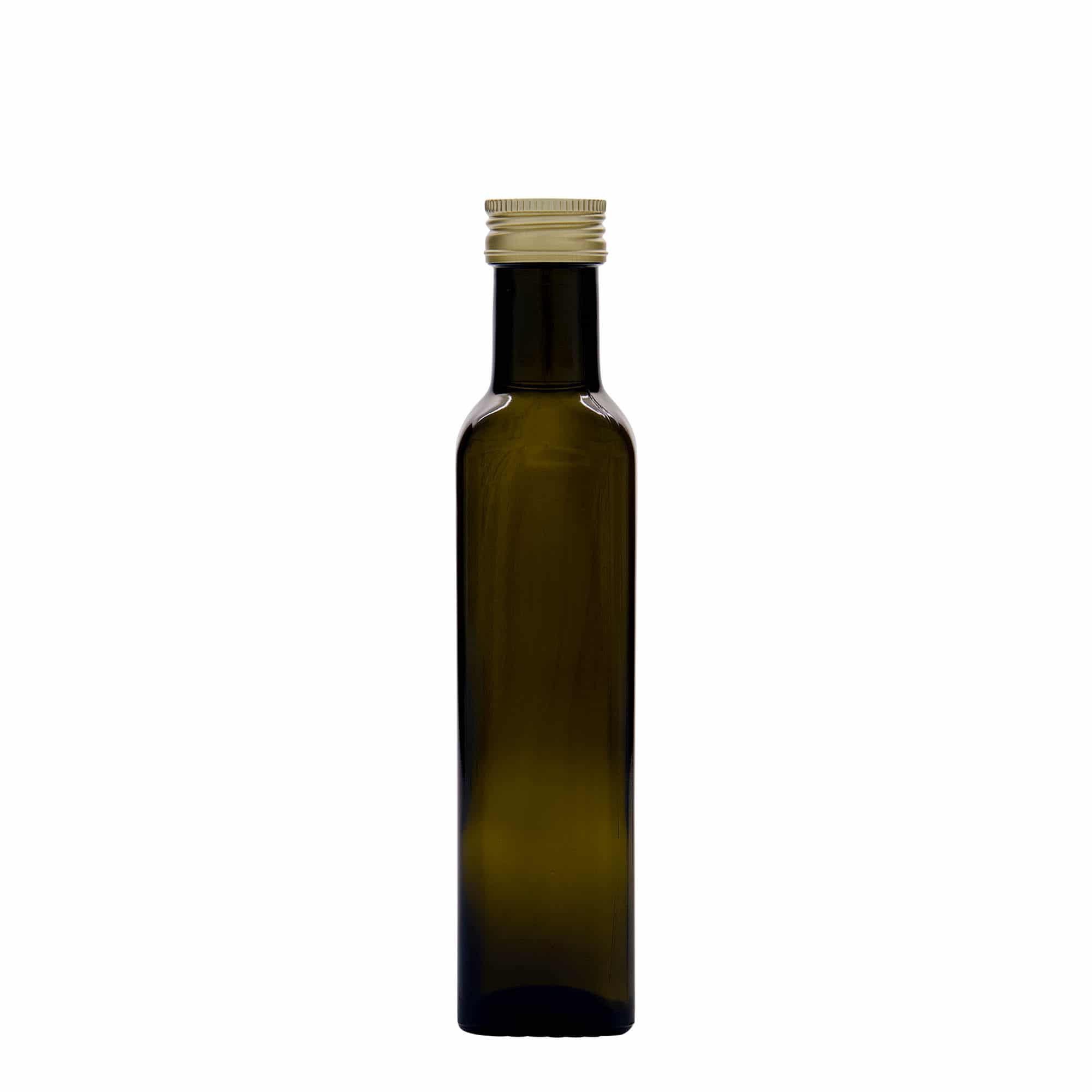 250 ml lasipullo 'Marasca', neliö, antiikinvihreä, suu: PP 31,5