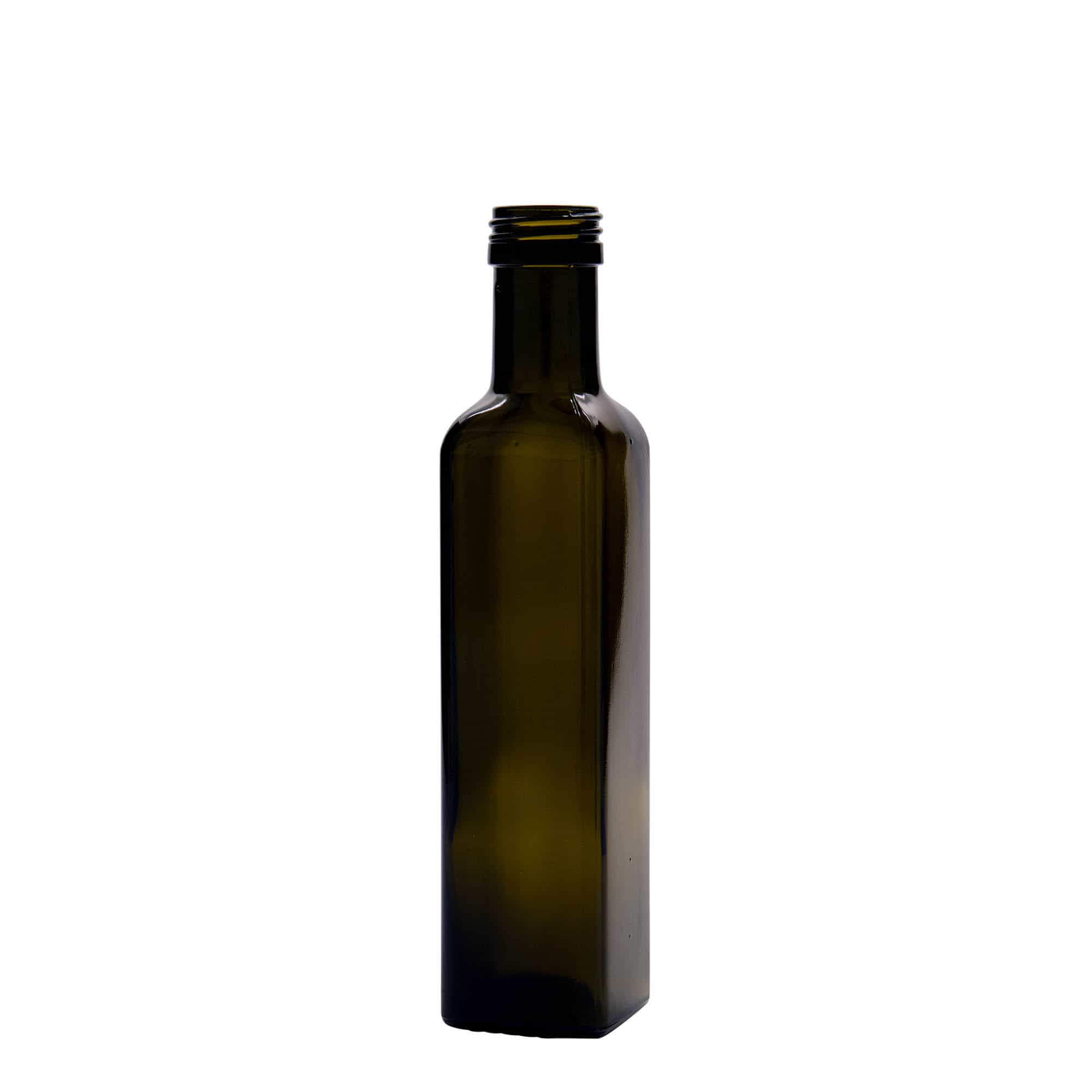 250 ml lasipullo ”Marasca”, neliö, antiikkivihreä, suuaukko: PP 31,5