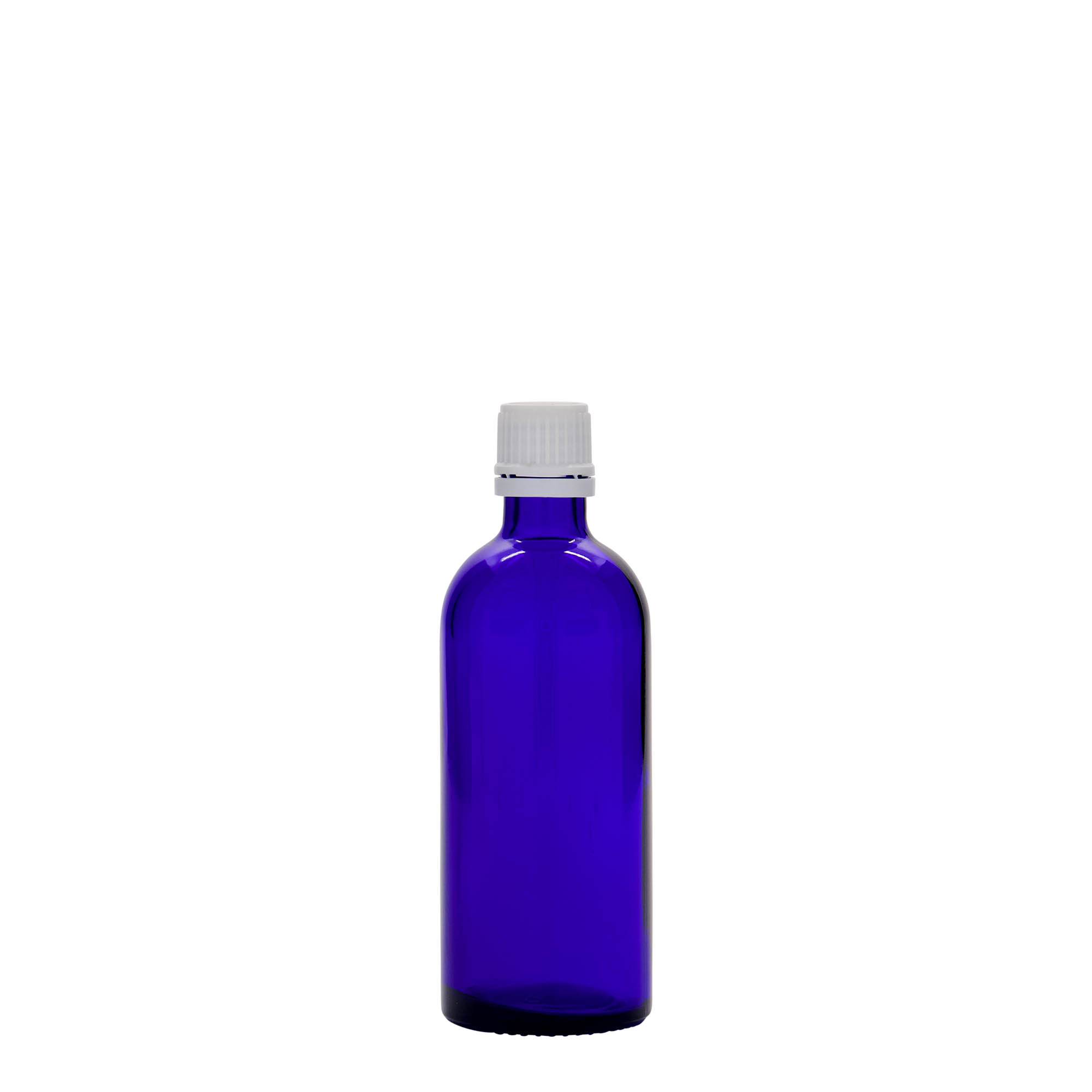 100 ml lääkeputi, lasia, kuninkaansininen, suuaukko: DIN 18