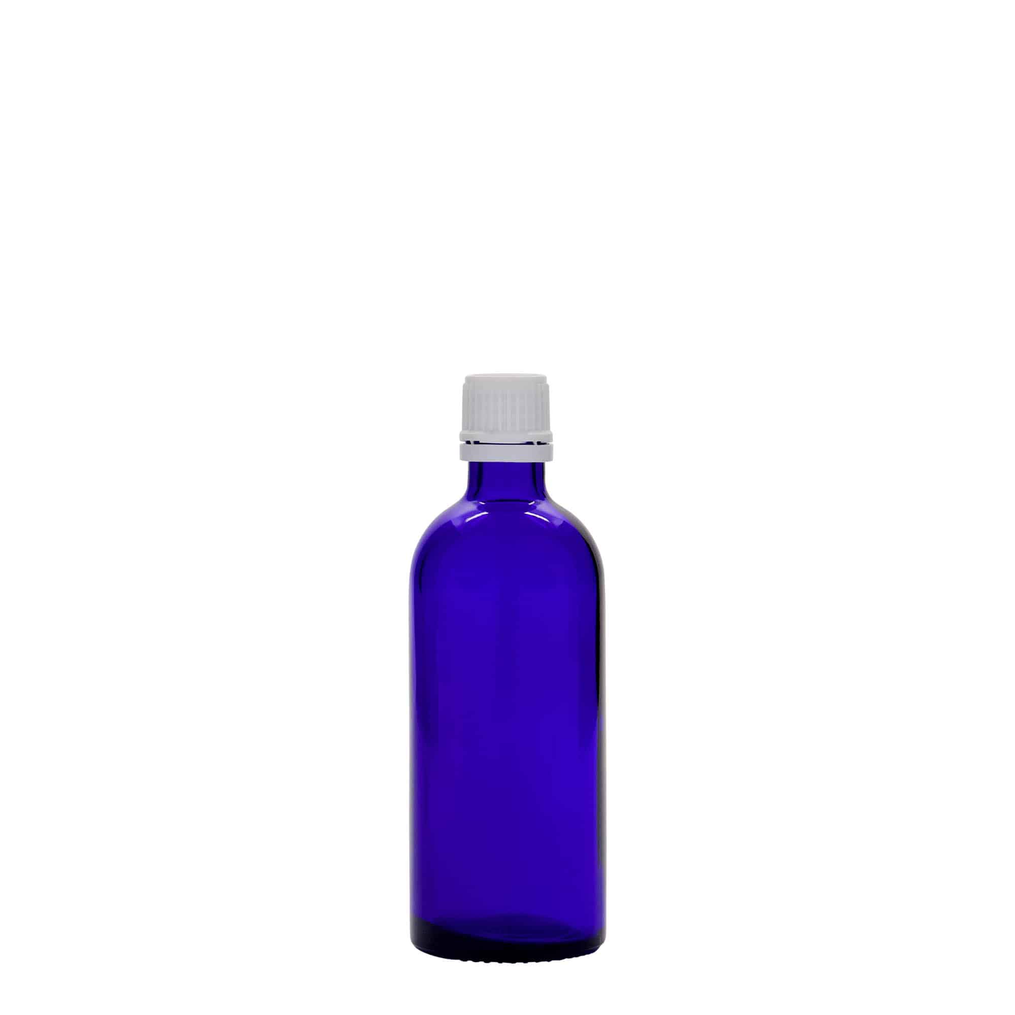 100 ml lääkeputi, lasia, kuninkaansininen, suuaukko: DIN 18