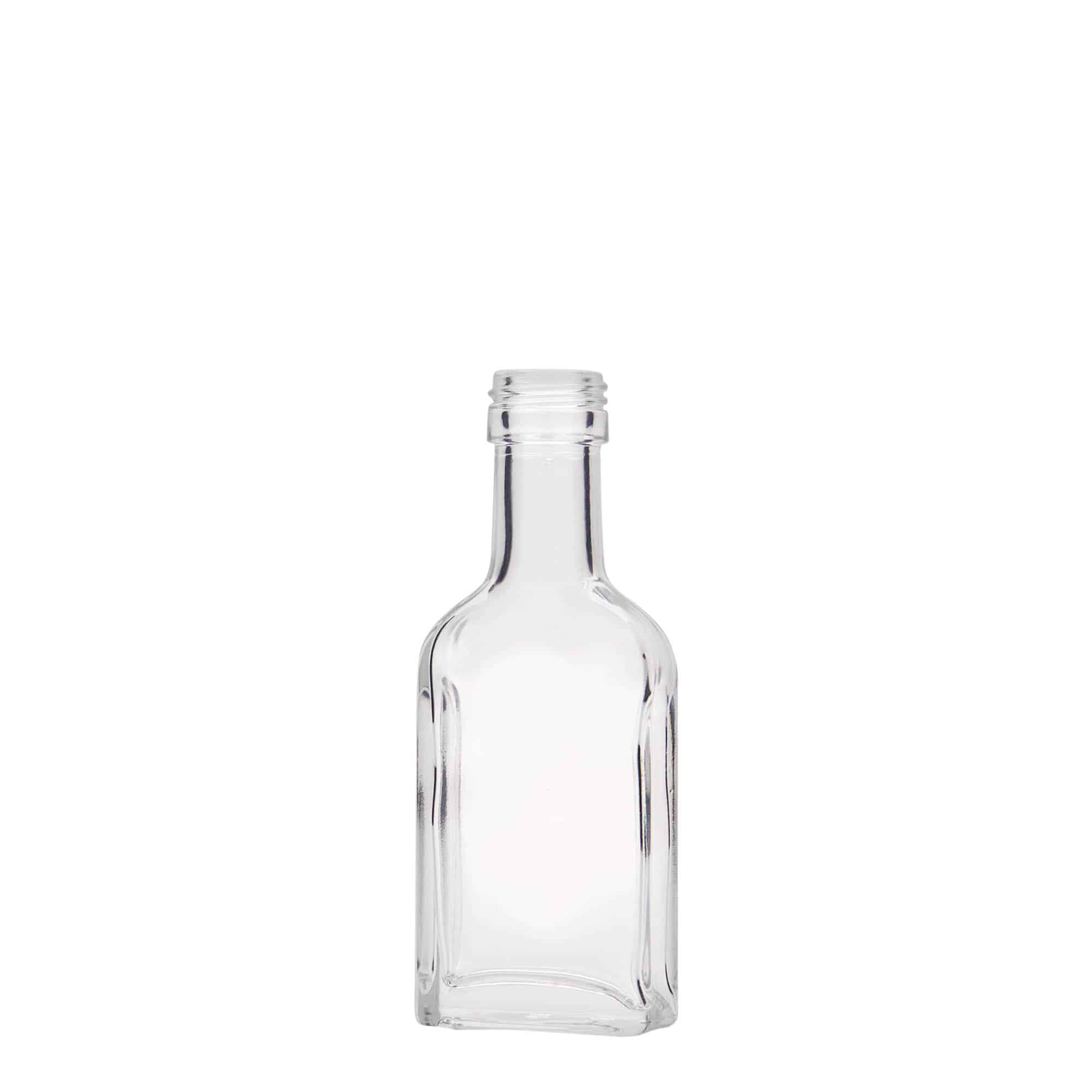 40 ml taskupullo pitkäkaulainen, suorakulmainen, lasia, suuaukko: PP 22 40 ml taskupullo pitkäkaulainen, suorakulmainen, lasia, suuaukko: PP 22