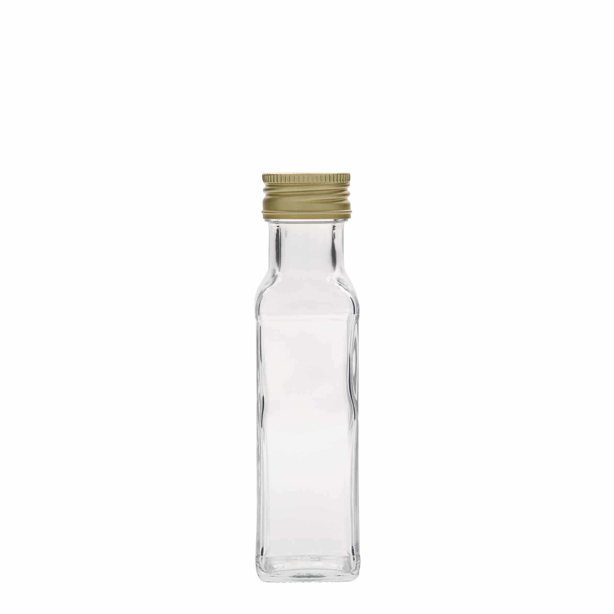 100 ml lasipullo ”Marasca”, neliömäinen, suuaukko: PP 31,5