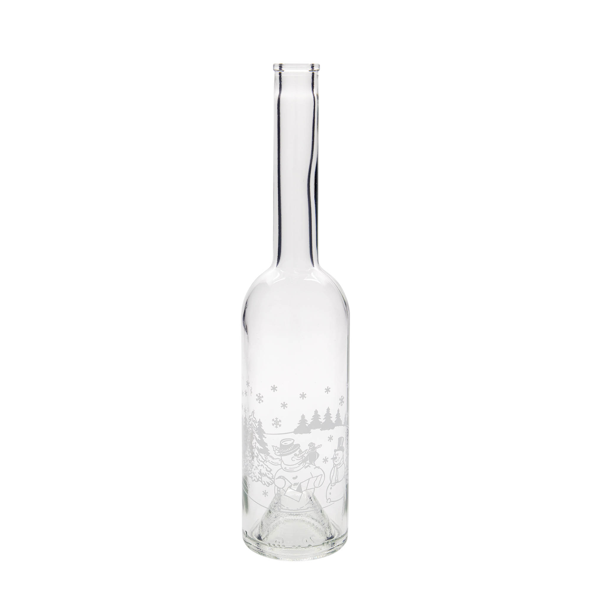 500 ml lasipullo 'Opera', kuvio: lumiukko-pullo, suuaukko: korkki