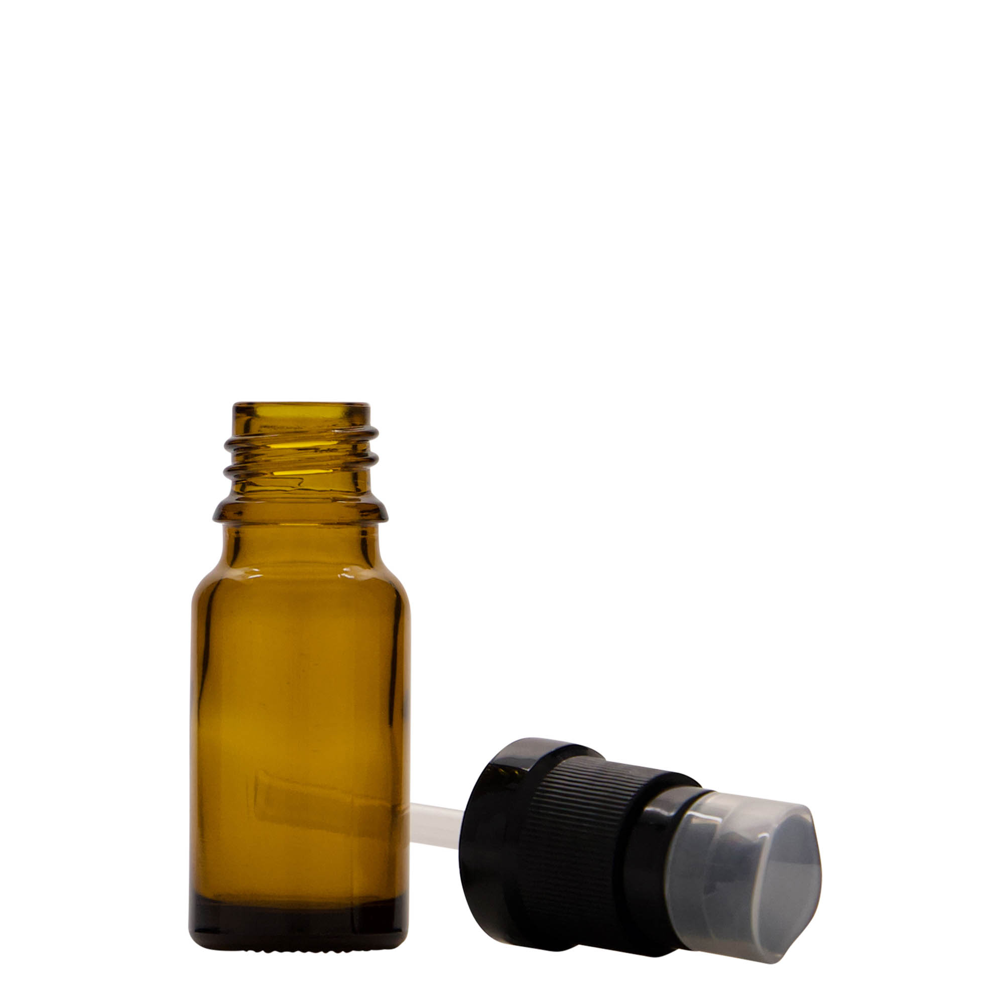 10 ml lääkepullo hoitonestepumpulla, lasia, ruskea, suuaukko: DIN 18 10 ml lääkepullo hoitonestepumpulla, lasia, ruskea, suuaukko: DIN 18