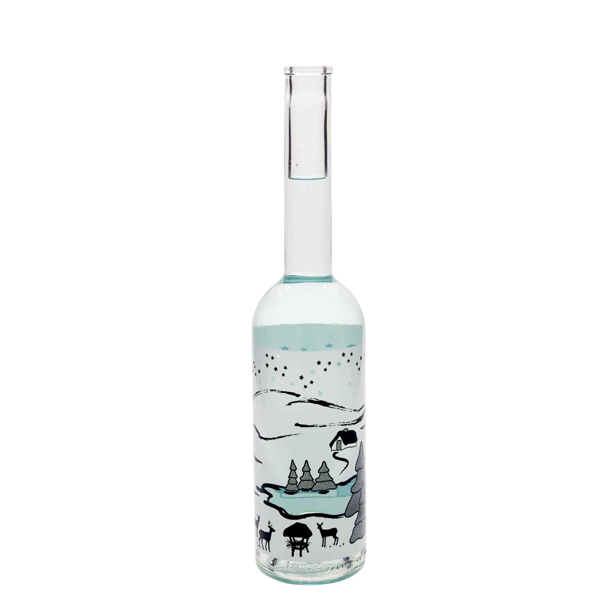 500 ml lasipullo 'Ooppera', kuvio: Talviunelma-Bianco, suu: korkki