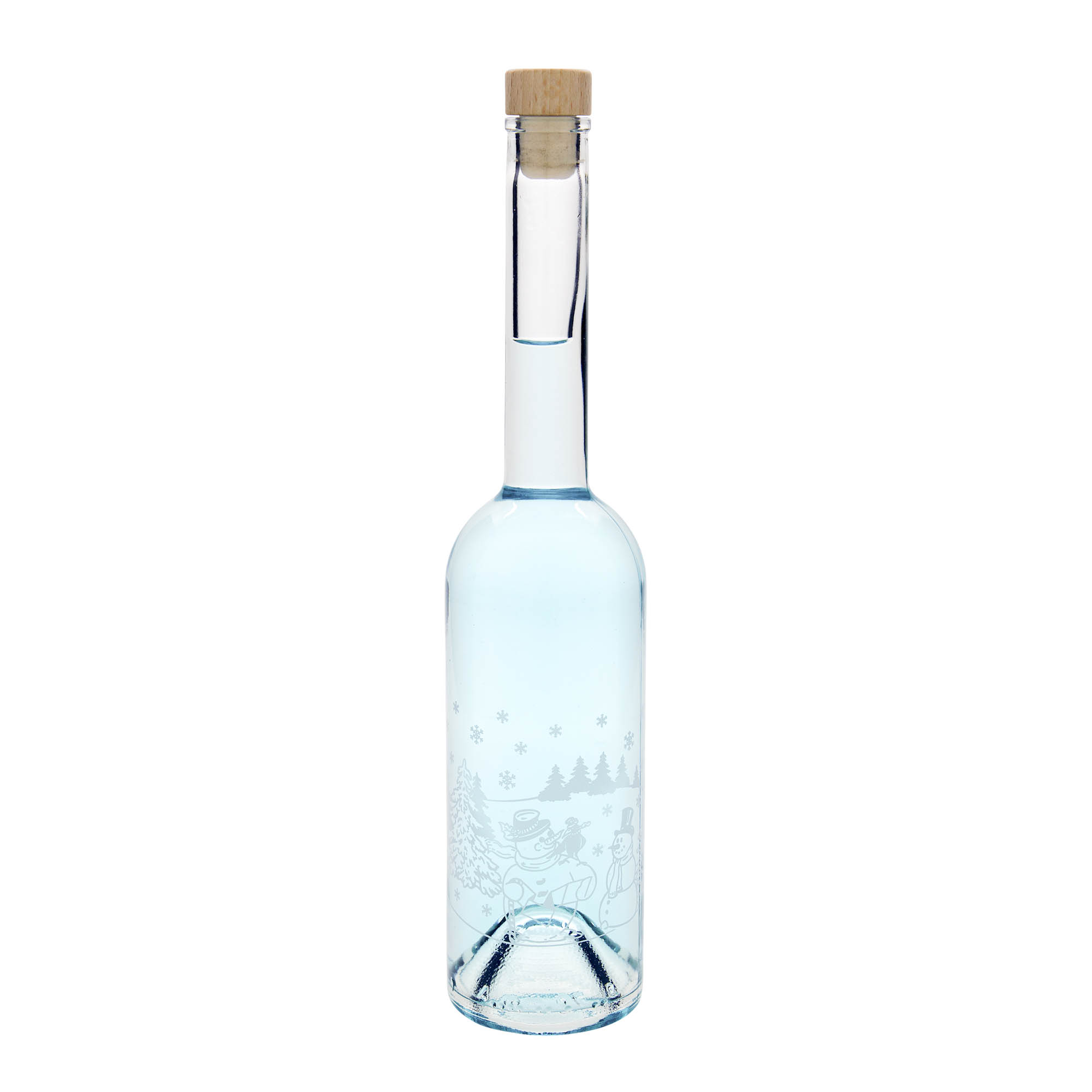 500 ml lasipullo 'Opera', kuvio: lumiukko-pullo, suuaukko: korkki