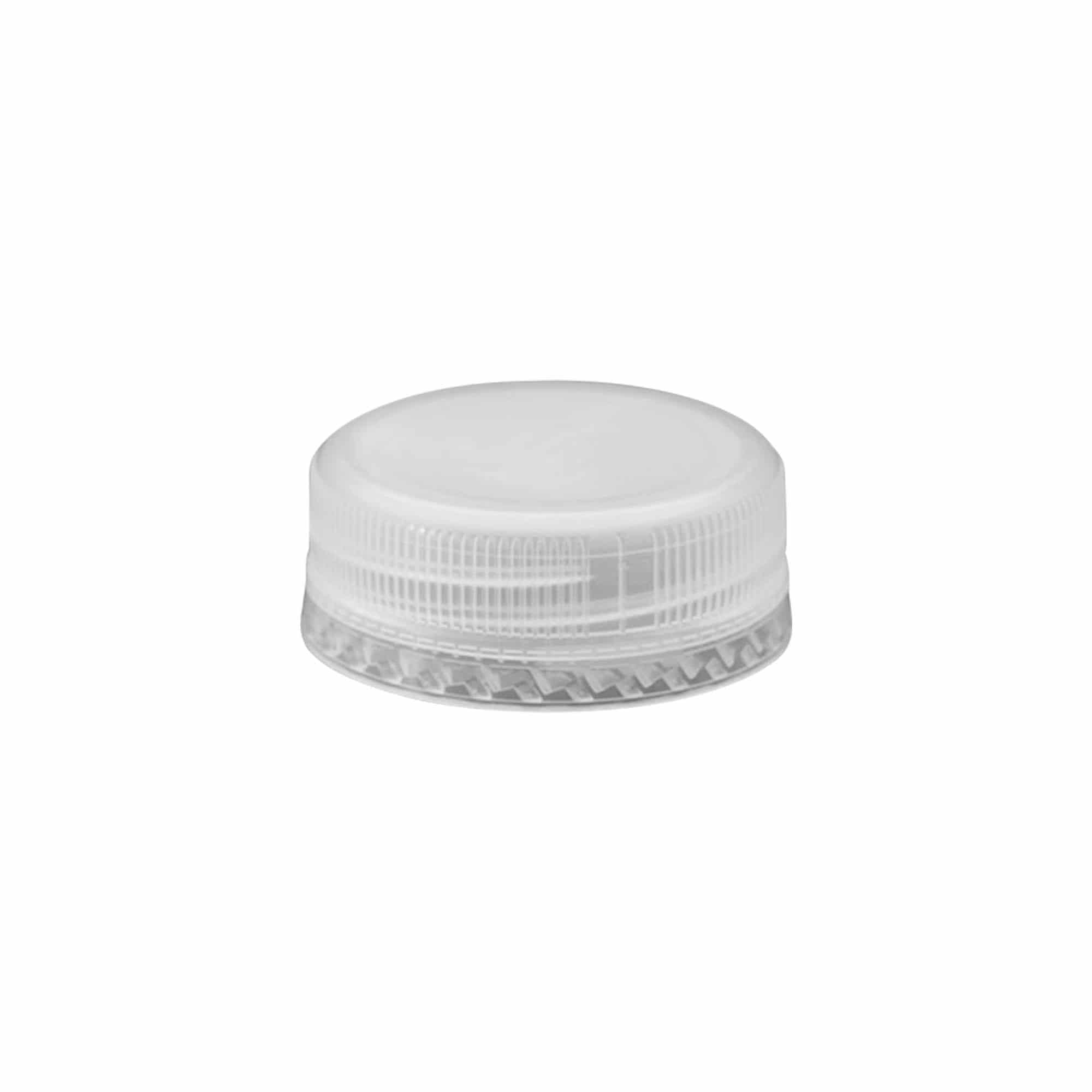 Ruuvikorkki kaksijuoksuinen kierre, PE-muovi, valkoinen, suuaukolle: PET 38 mm