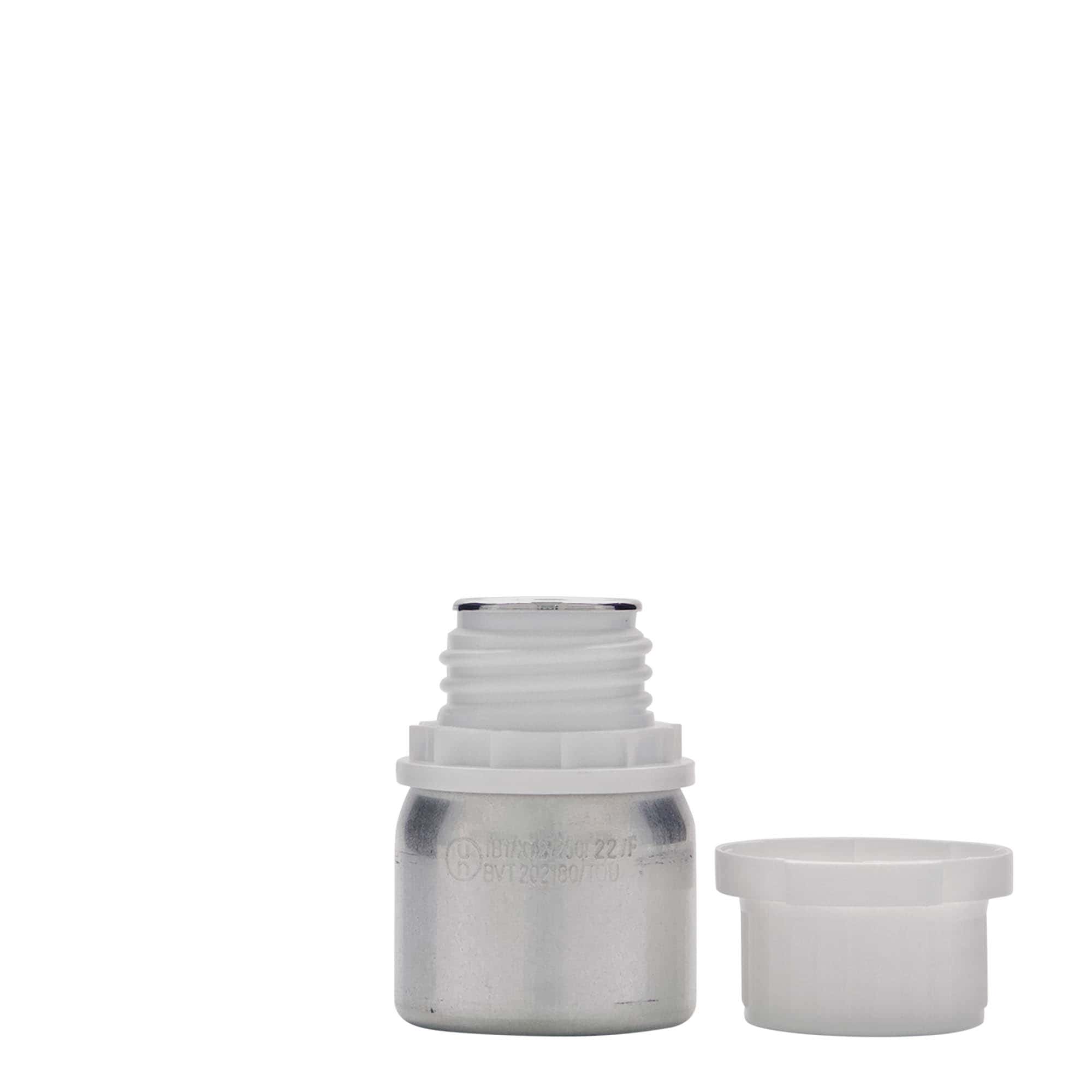 50 ml alumiinipullo, metalli, hopea, suuaukko: DIN 32