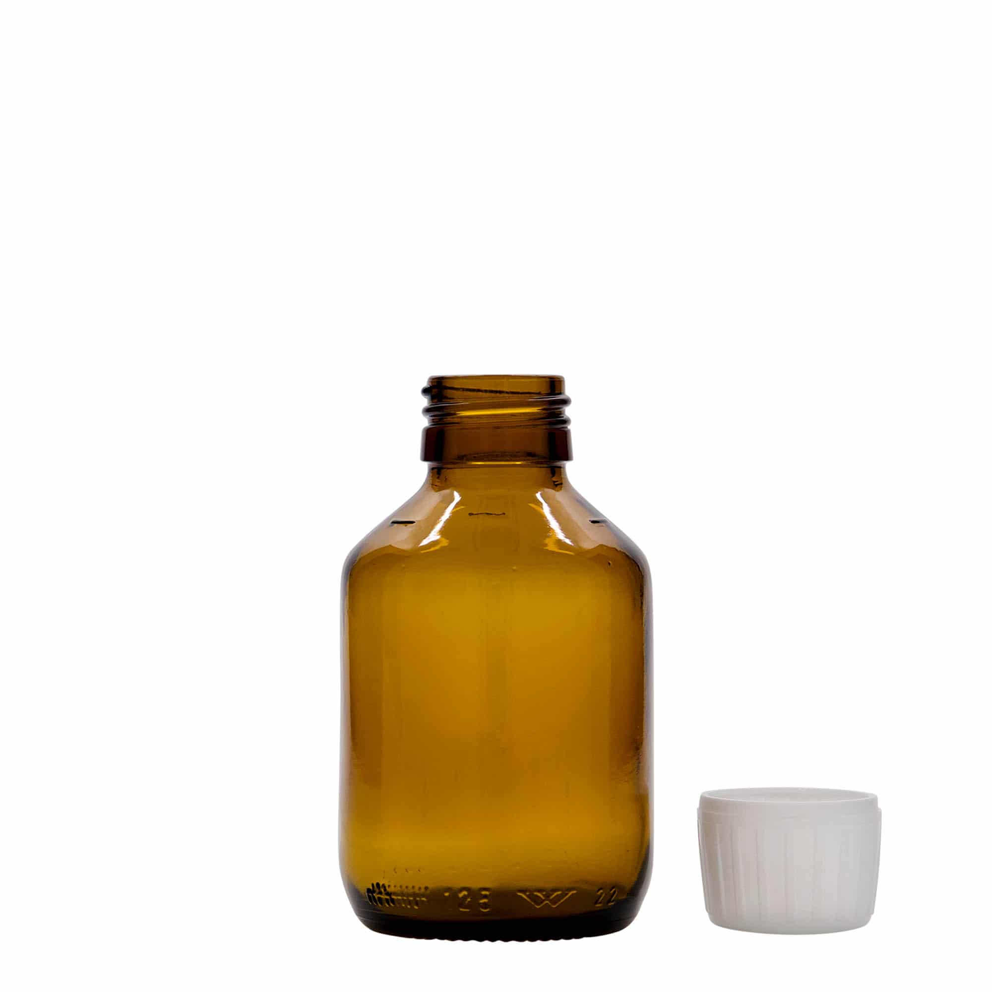 125 ml lääkepullo, ruskea, lasi, suu: PP 28