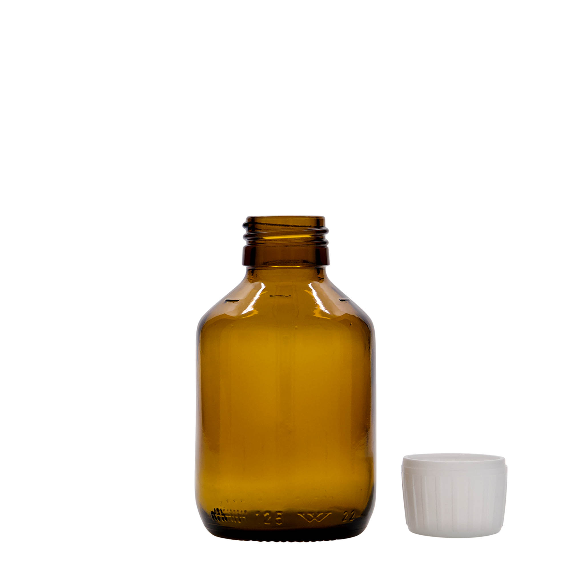 125 ml lääkepullo, ruskea, lasia, suuaukko: PP 28
