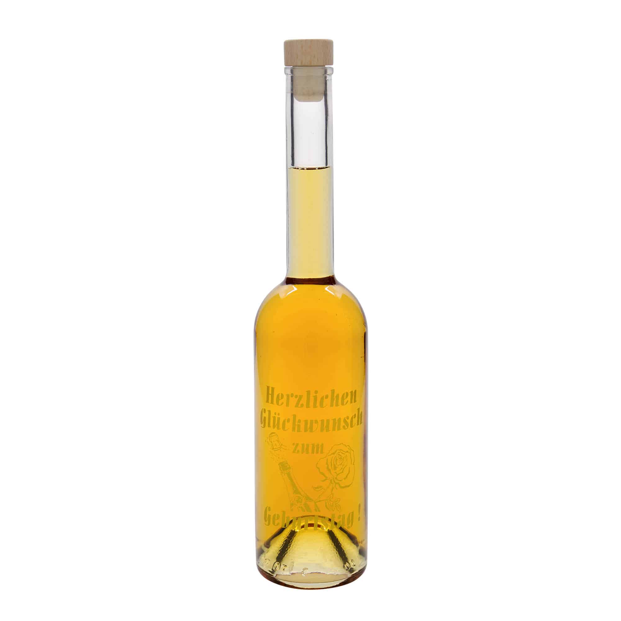 500 ml lasipullo 'Ooppera', kuvio: syntymäpäiväpullo, suu: korkki