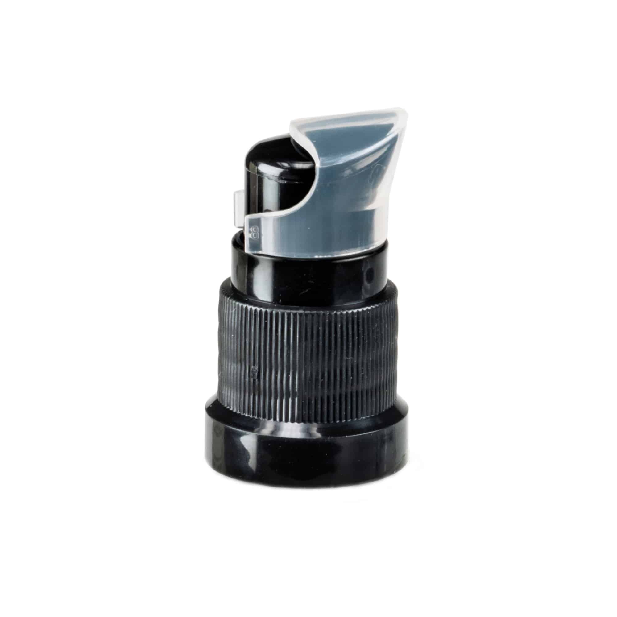 Kierrettävä korkki voidepumpulle, PP-muovia, musta, suulle: DIN 18 Kierrettävä korkki voidepumpulle, PP-muovia, musta, suulle: DIN 18