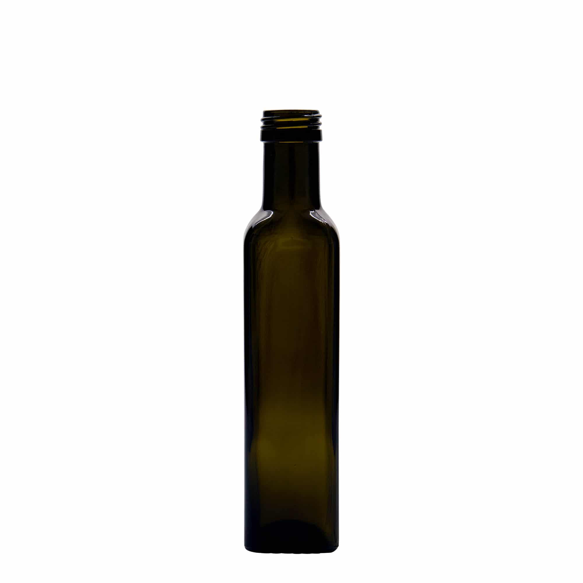 250 ml lasipullo 'Marasca', neliö, antiikinvihreä, suu: PP 31,5 250 ml lasipullo 'Marasca', neliö, antiikinvihreä, suu: PP 31,5