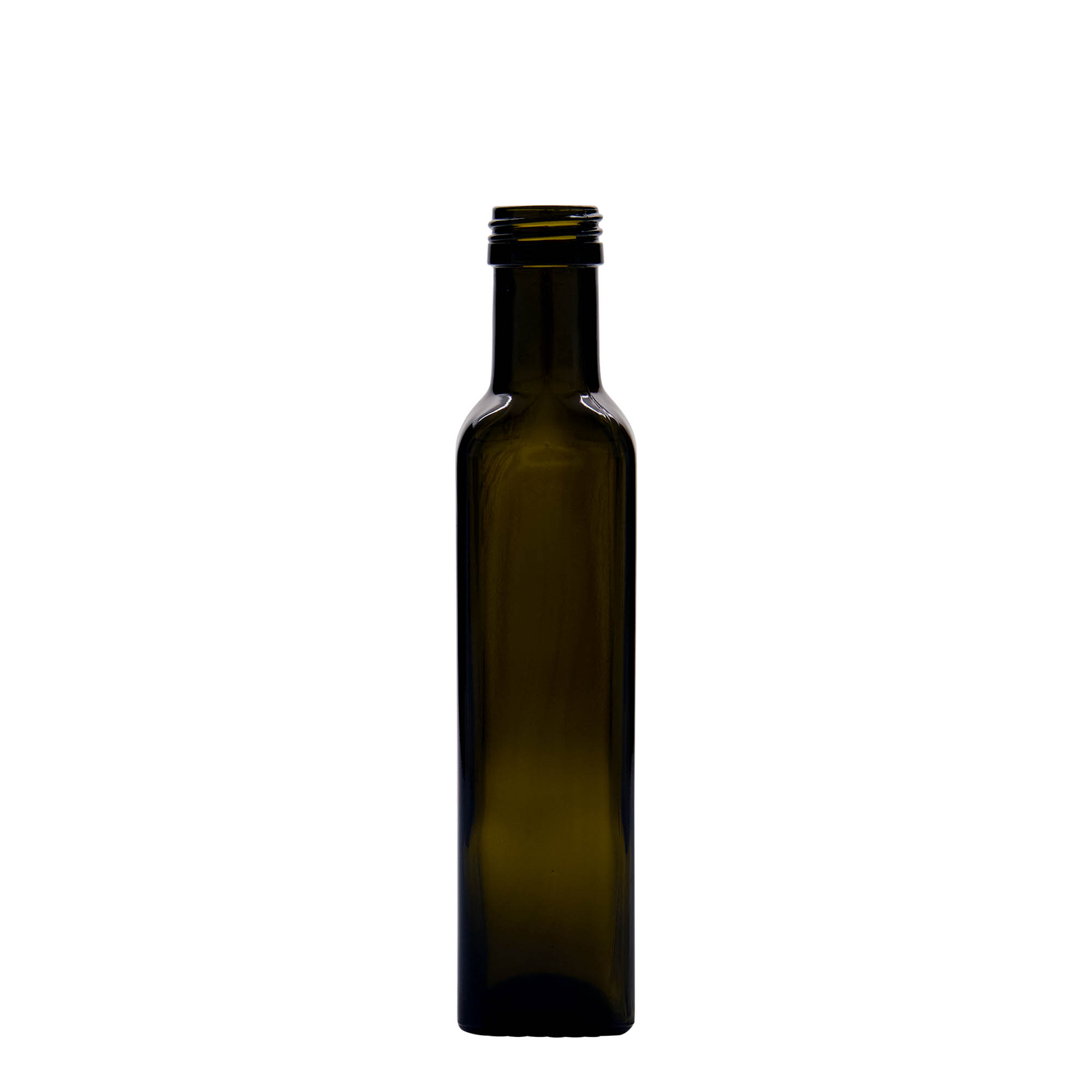 250 ml lasipullo 'Marasca', neliö, antiikkivihreä, suuaukko: PP 31,5 250 ml lasipullo 'Marasca', neliö, antiikkivihreä, suuaukko: PP 31,5