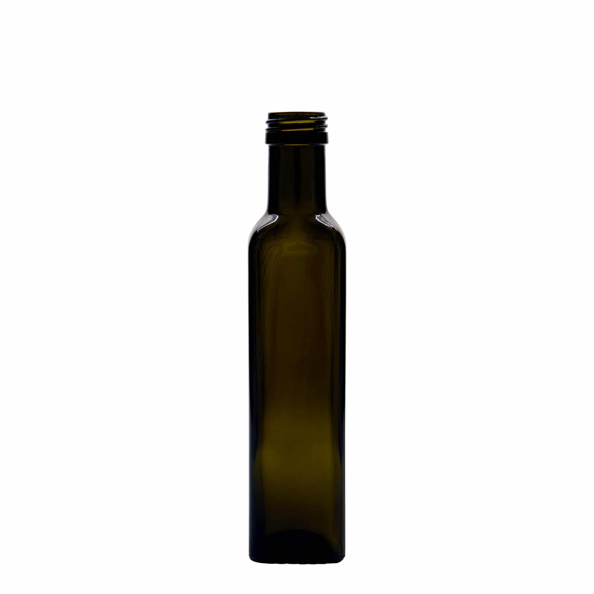 250 ml lasipullo ”Marasca”, neliö, antiikkivihreä, suuaukko: PP 31,5