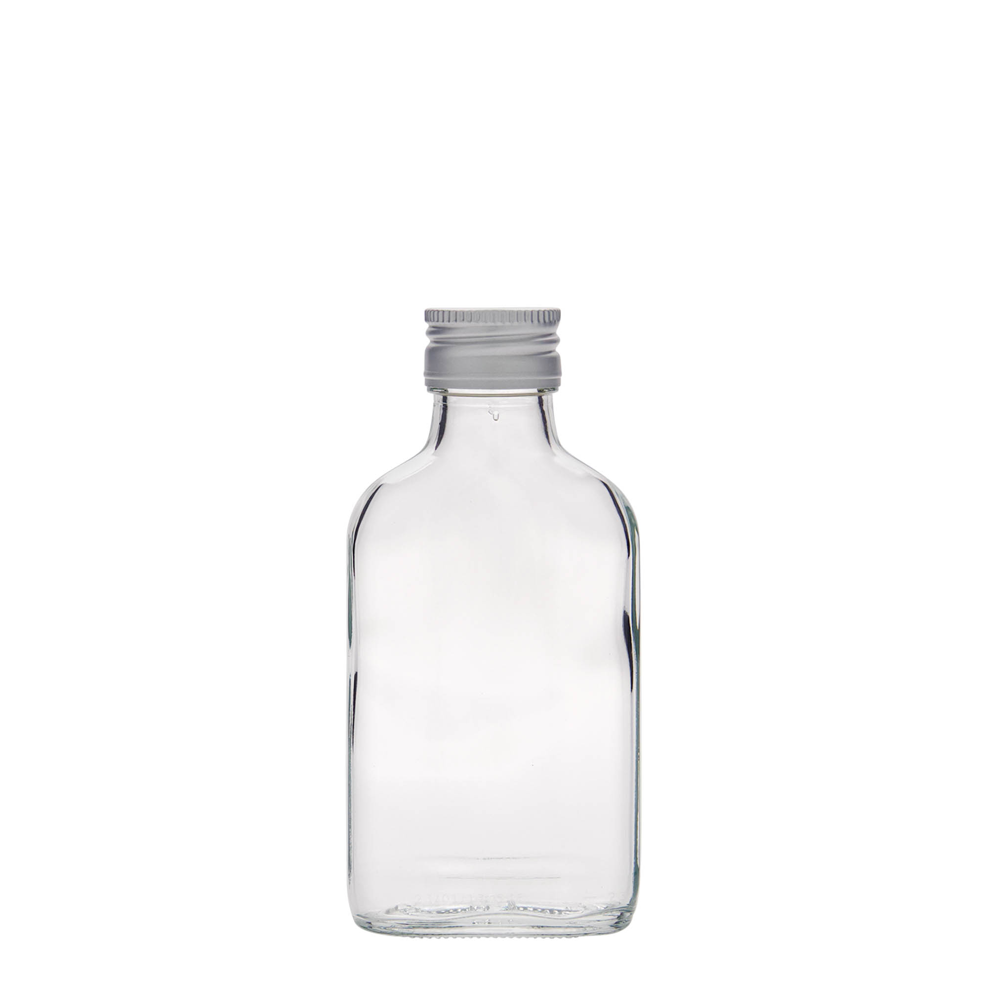 100 ml taskupullo, suorakulmainen, lasia, suuaukko: PP 28 100 ml taskupullo, suorakulmainen, lasia, suuaukko: PP 28