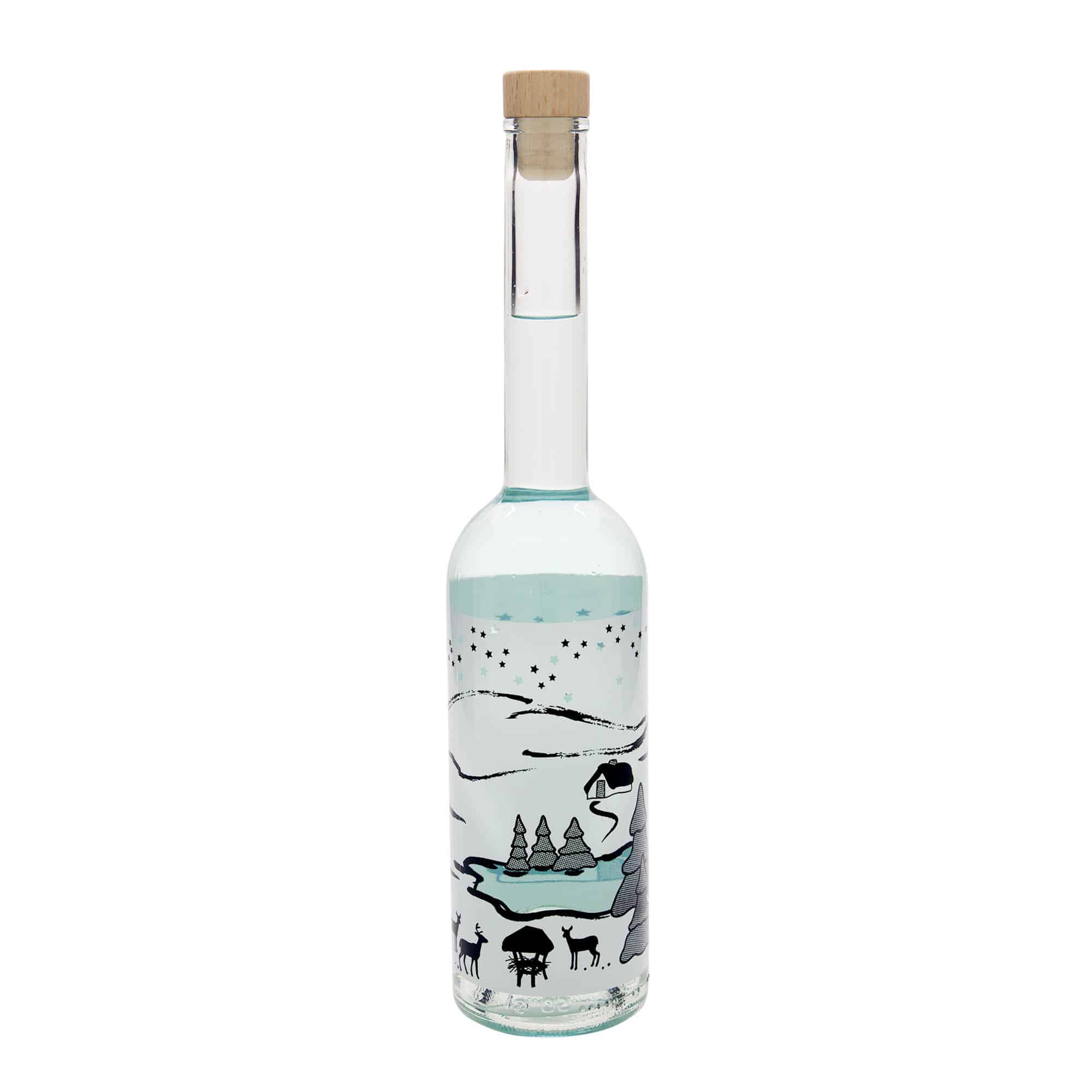 500 ml lasipullo 'Ooppera', kuvio: Talviunelma-Bianco, suu: korkki