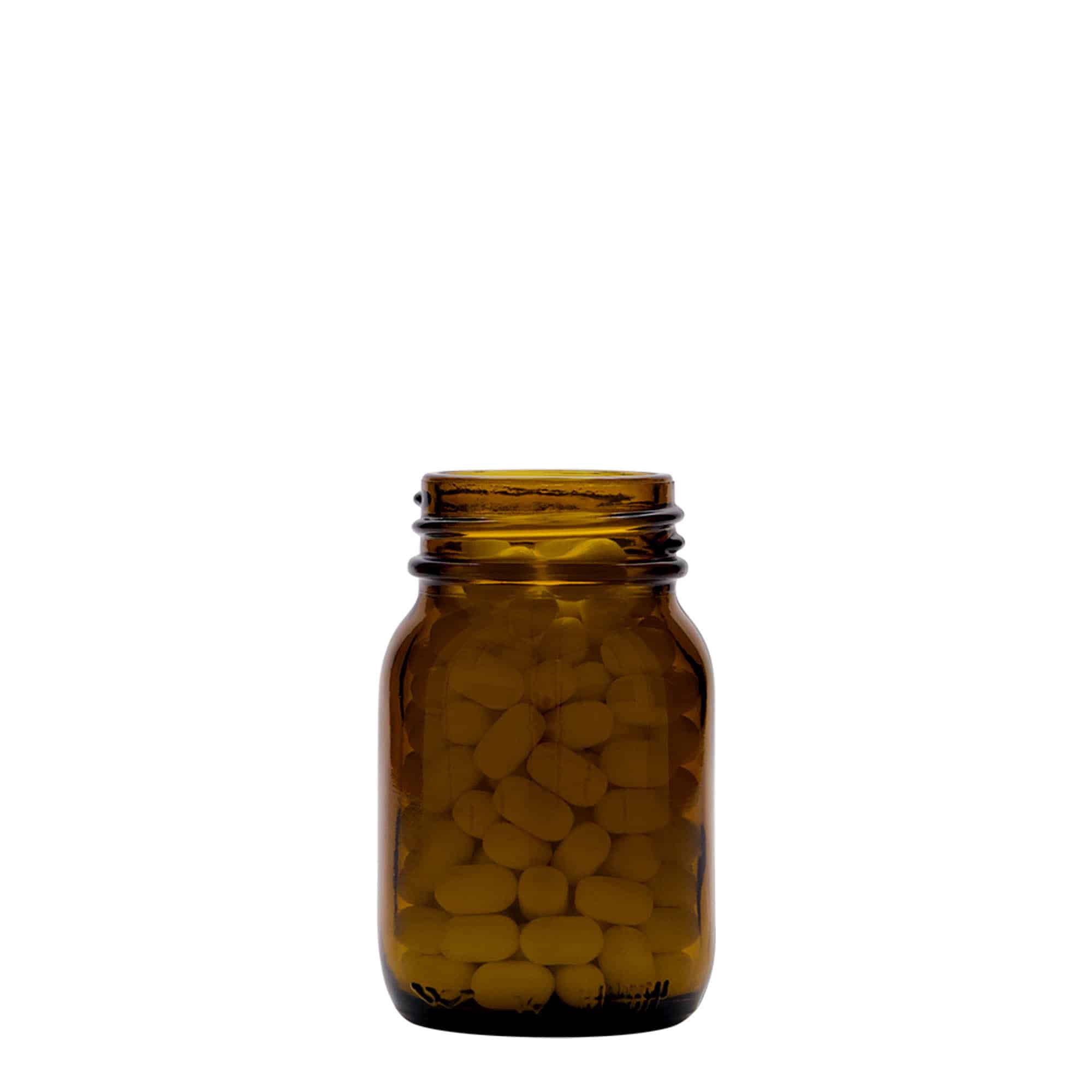 75 ml leveäkaul. lasipurkki, ruskea, suu: DIN 40