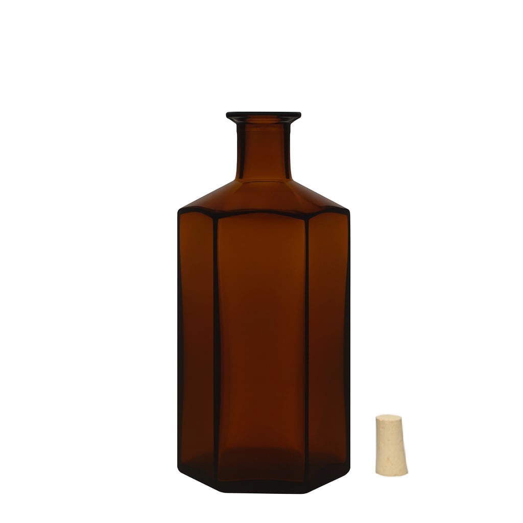 500 ml lasipullo apteekkari ”Jimmy”, kuusikulmainen, ruskea, suuaukko: korkki