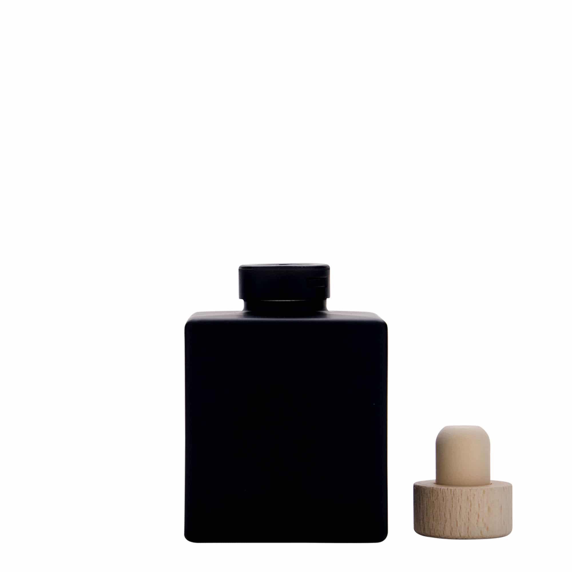 100 ml lasipullo 'Cube', neliö, musta, suu: korkki