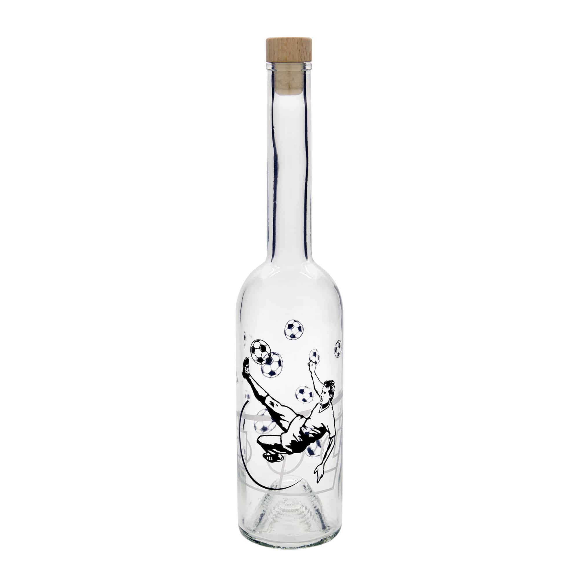 500 ml lasipullo 'Ooppera', kuvio: jalkapalloilija, suu: korkki