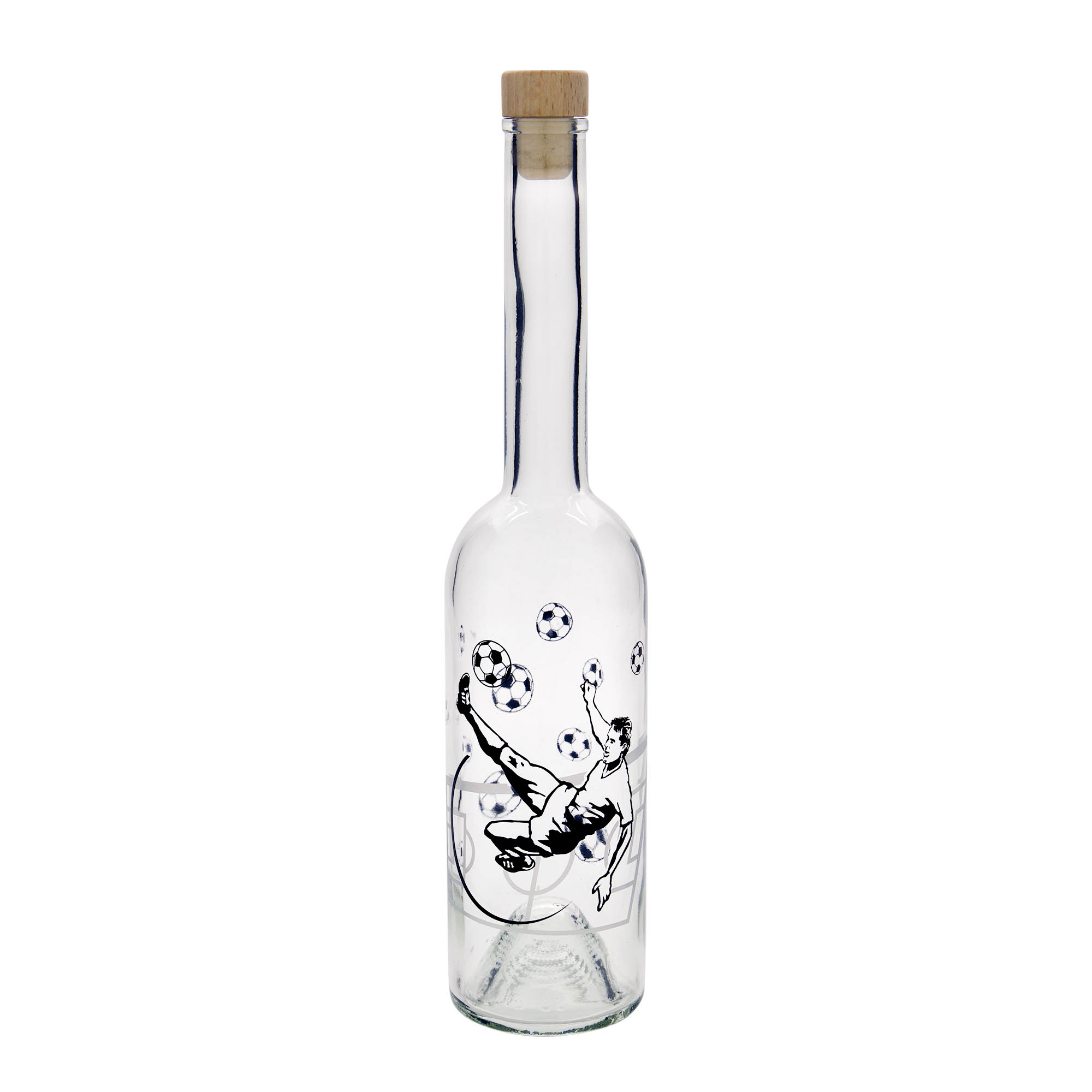 500 ml lasipullo 'Opera', kuvio: jalkapalloilija, suuaukko: korkki