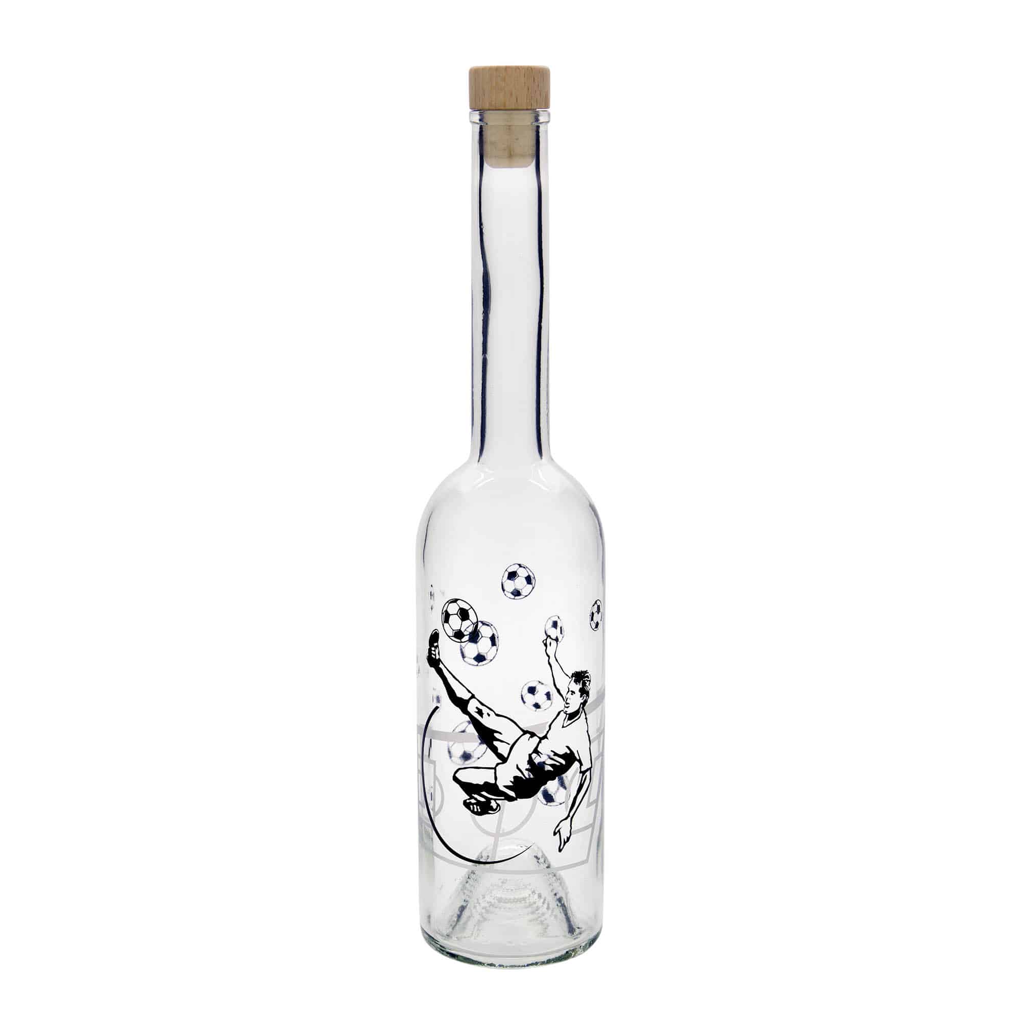 500 ml lasipullo ”Opera”, kuvio: jalkapalloilija, suuaukko: korkki