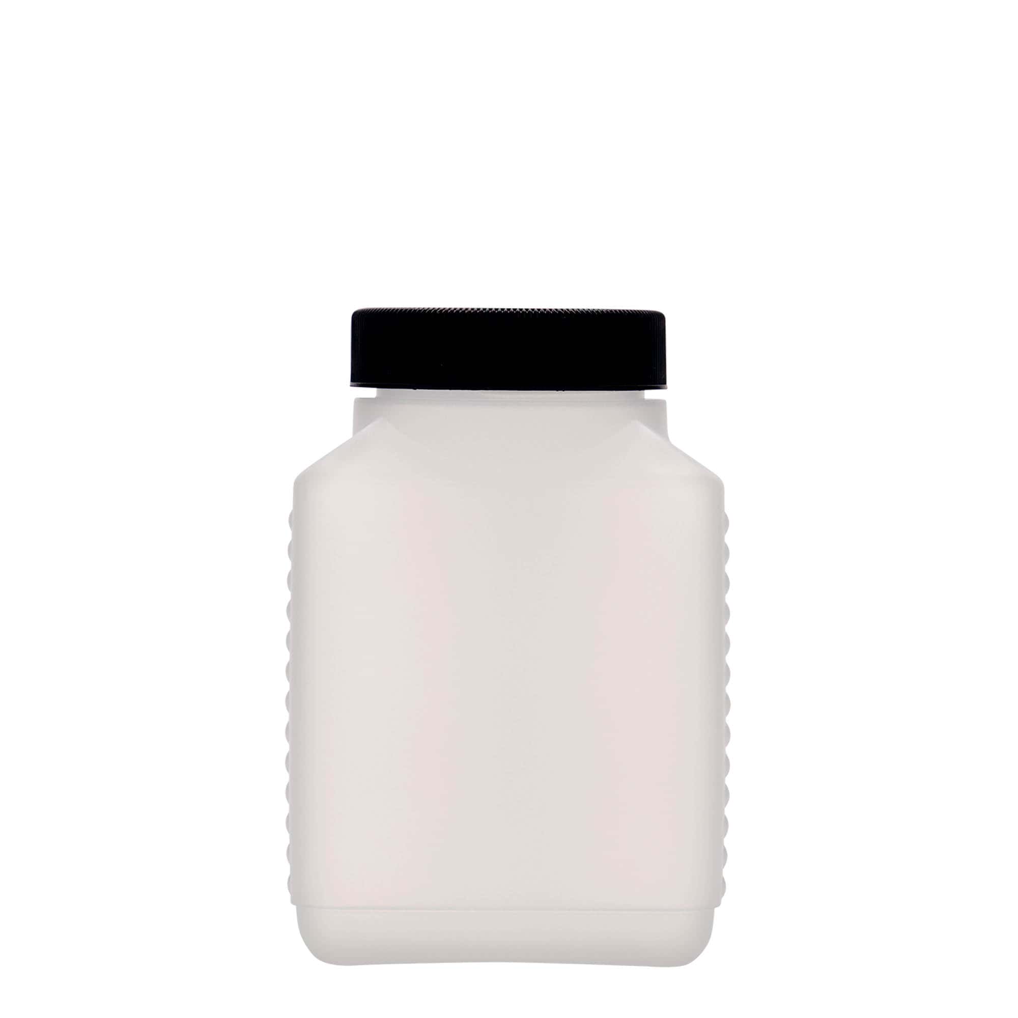 500 ml leveäkaul. pullo, nelikulm., HDPE-muovi, natur, suu: DIN 60 EPE