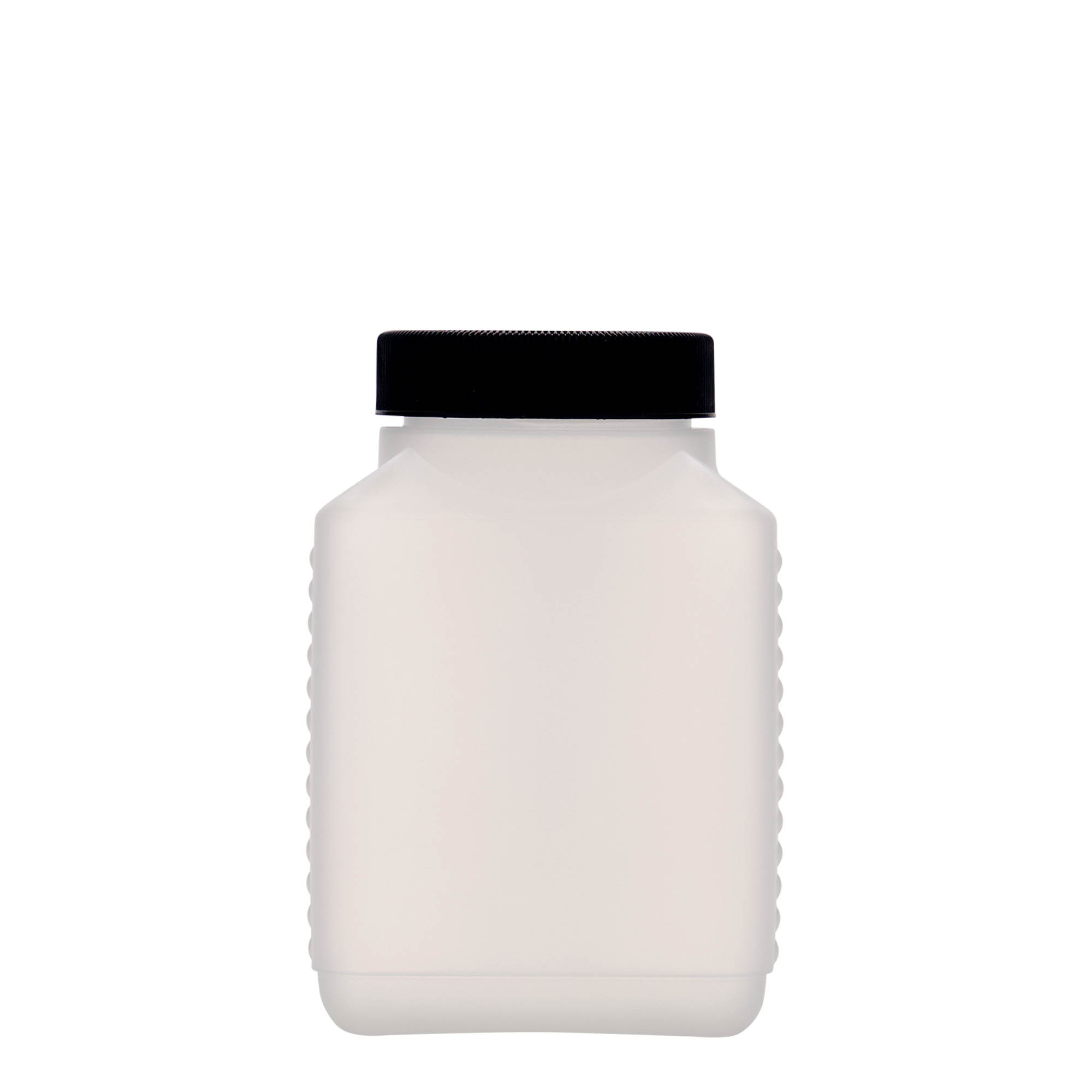 500 ml leveäkaulainen pullo, suorakulmainen, HDPE-muovia, luonnonvärinen, suuaukon koko: DIN 60 EPE