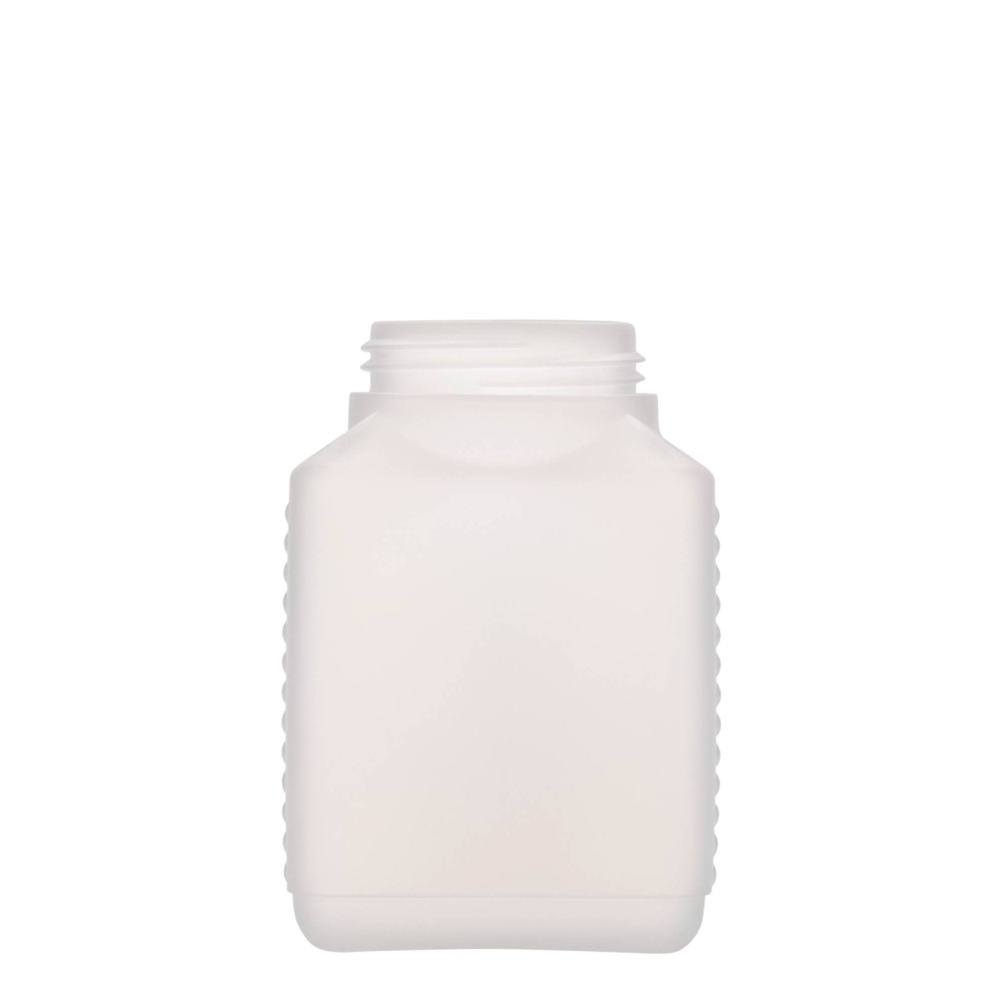 500 ml leveäkaulainen pullo, suorakulmainen, HDPE-muovia, luonnonvärinen, suuaukon koko: DIN 60 EPE