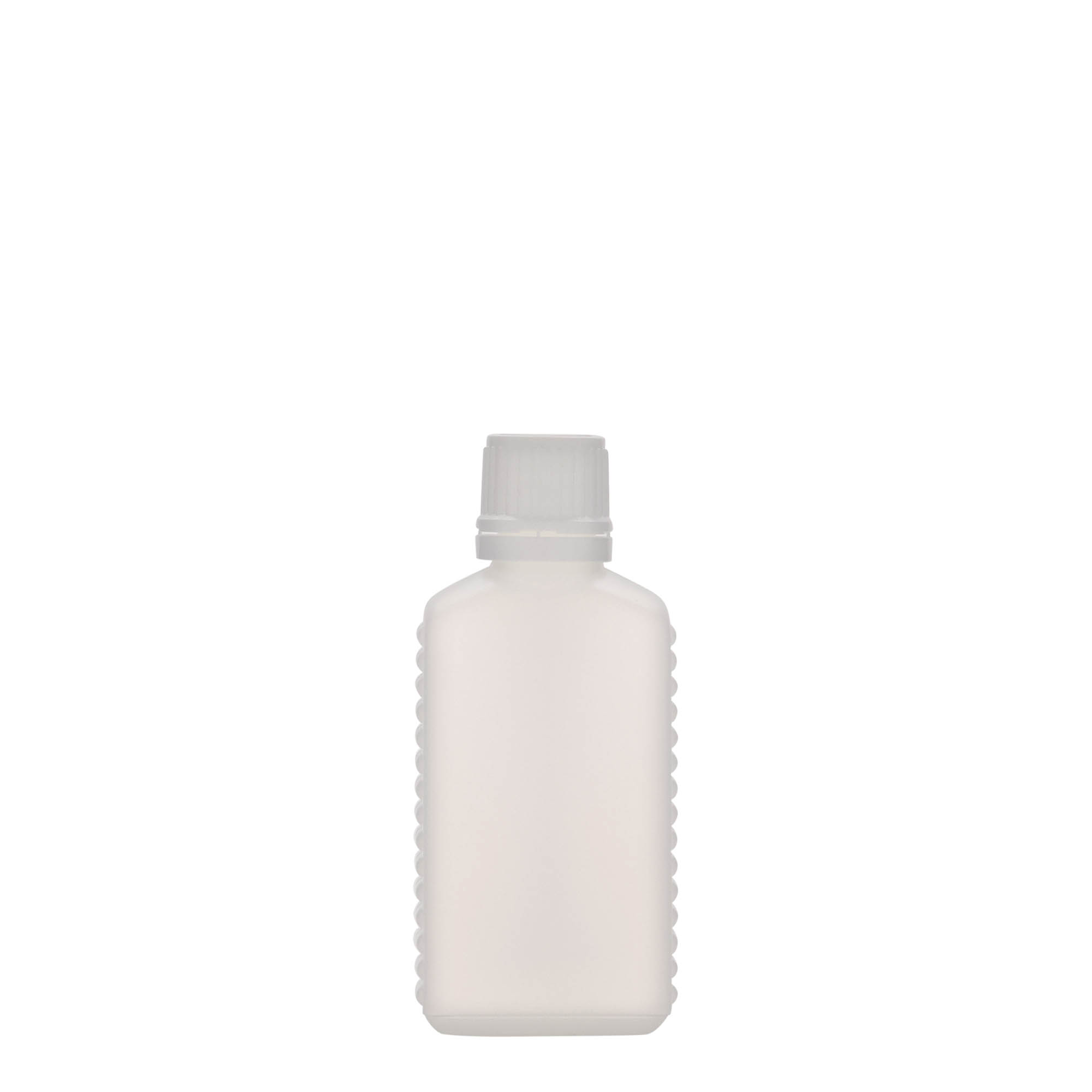50 ml kanisteripullo kapealla kaulalla, suorakulmainen, HDPE-muovia, luonnonvärinen, suuaukko: DIN 18