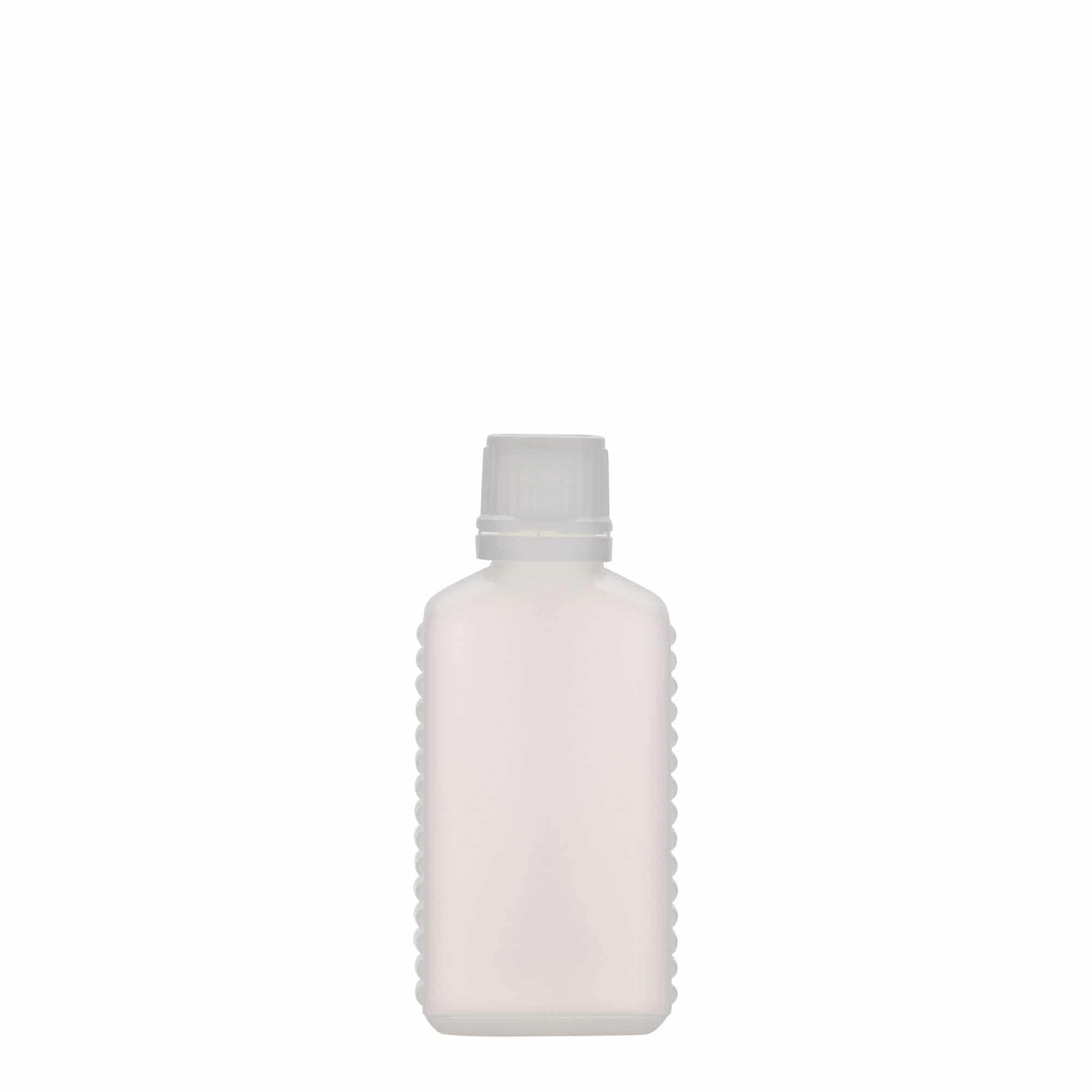 50 ml kanisteripullo kapealla kaulalla, suorakulmainen, HDPE-muovia, luonnonvärinen, suuaukko: DIN 18