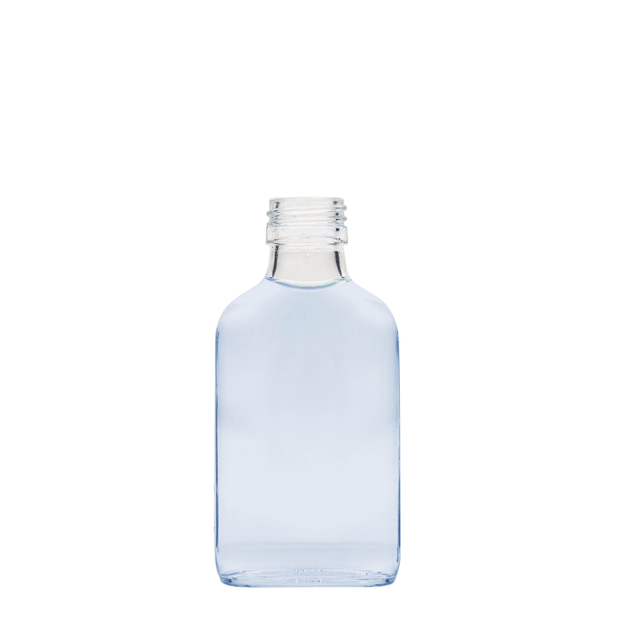 100 ml taskupullo, suorakulmainen, lasia, suuaukko: PP 28 100 ml taskupullo, suorakulmainen, lasia, suuaukko: PP 28
