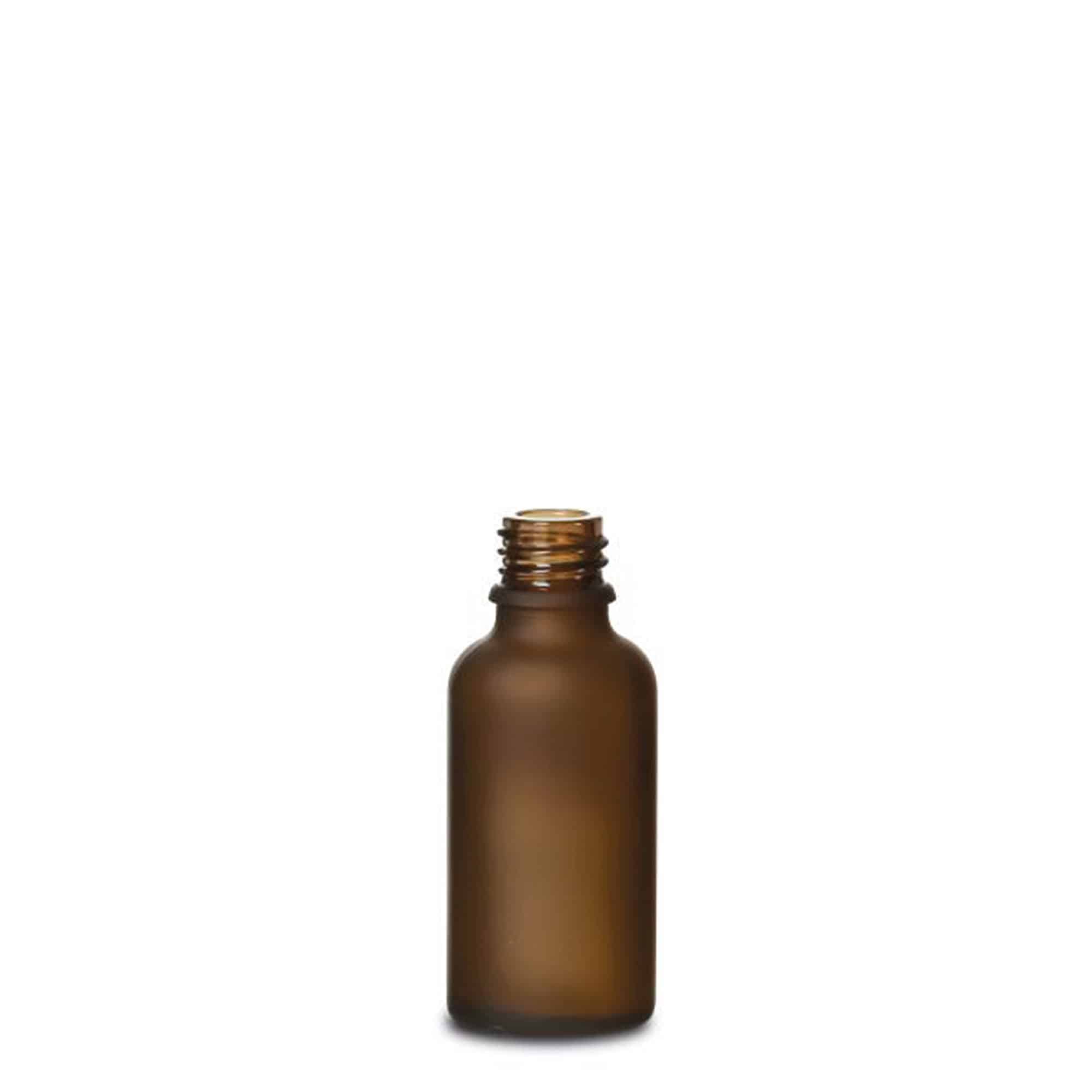 30ml lääkepullo, lasi, ruskea huurrettu, suu: DIN 18 30ml lääkepullo, lasi, ruskea huurrettu, suu: DIN 18