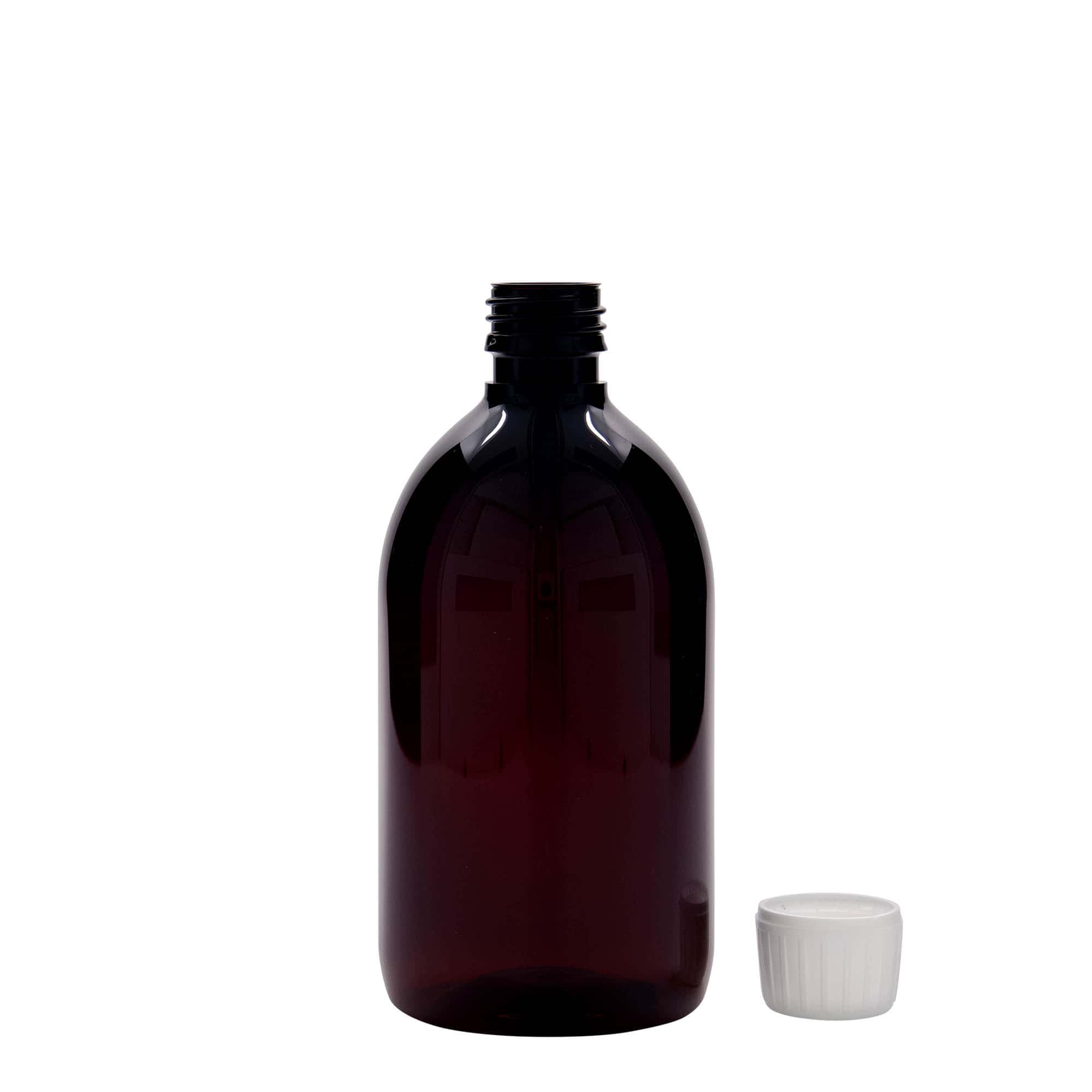 500 ml PET-lääke pullo, ruskea, muovi, suuaukko: PP 28