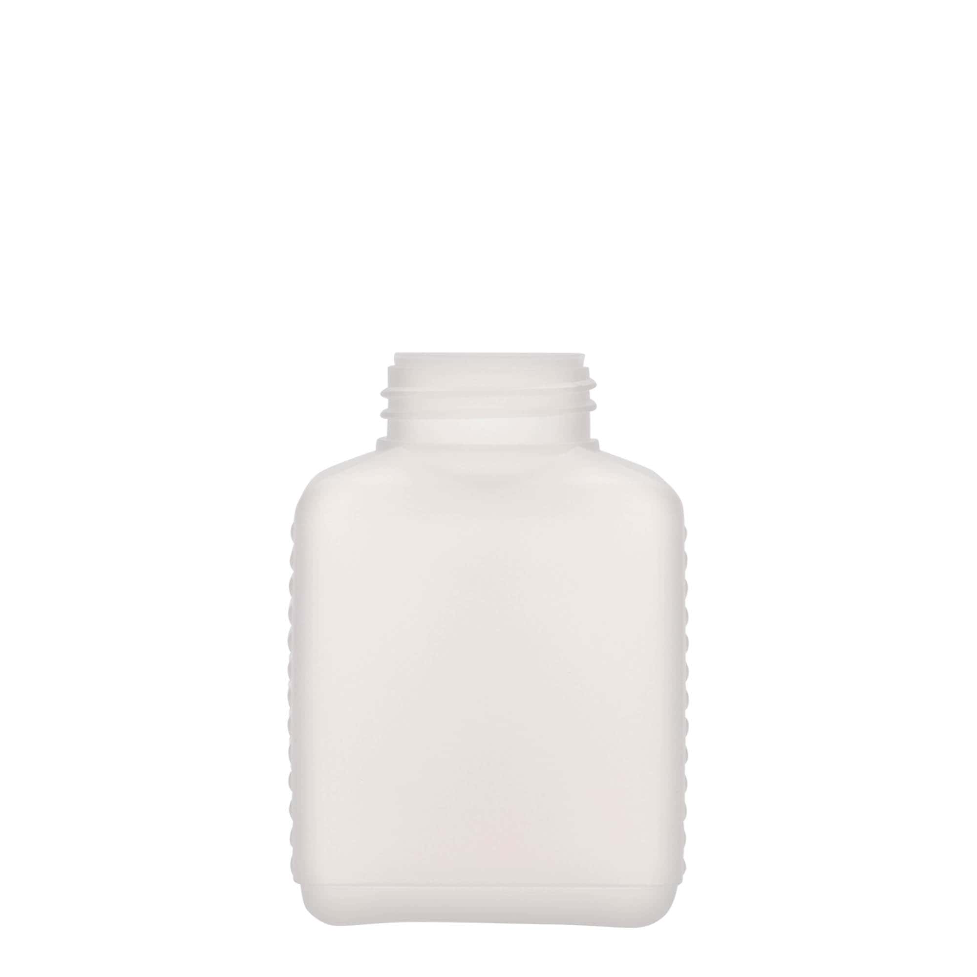 250 ml leveäkaul. pullo, nelikulm., HDPE-muovi, natur, suu: DIN 40 EPE