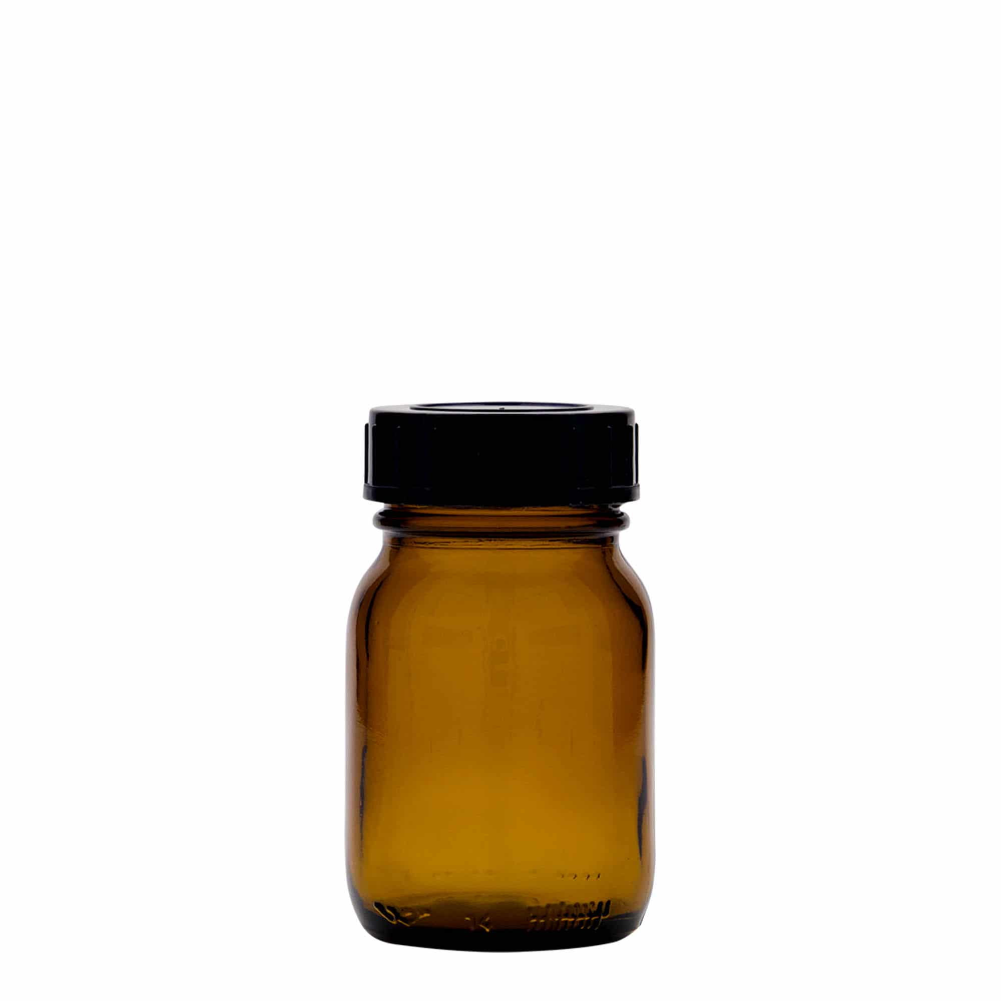 75 ml leveäkaul. lasipurkki, ruskea, suu: DIN 40